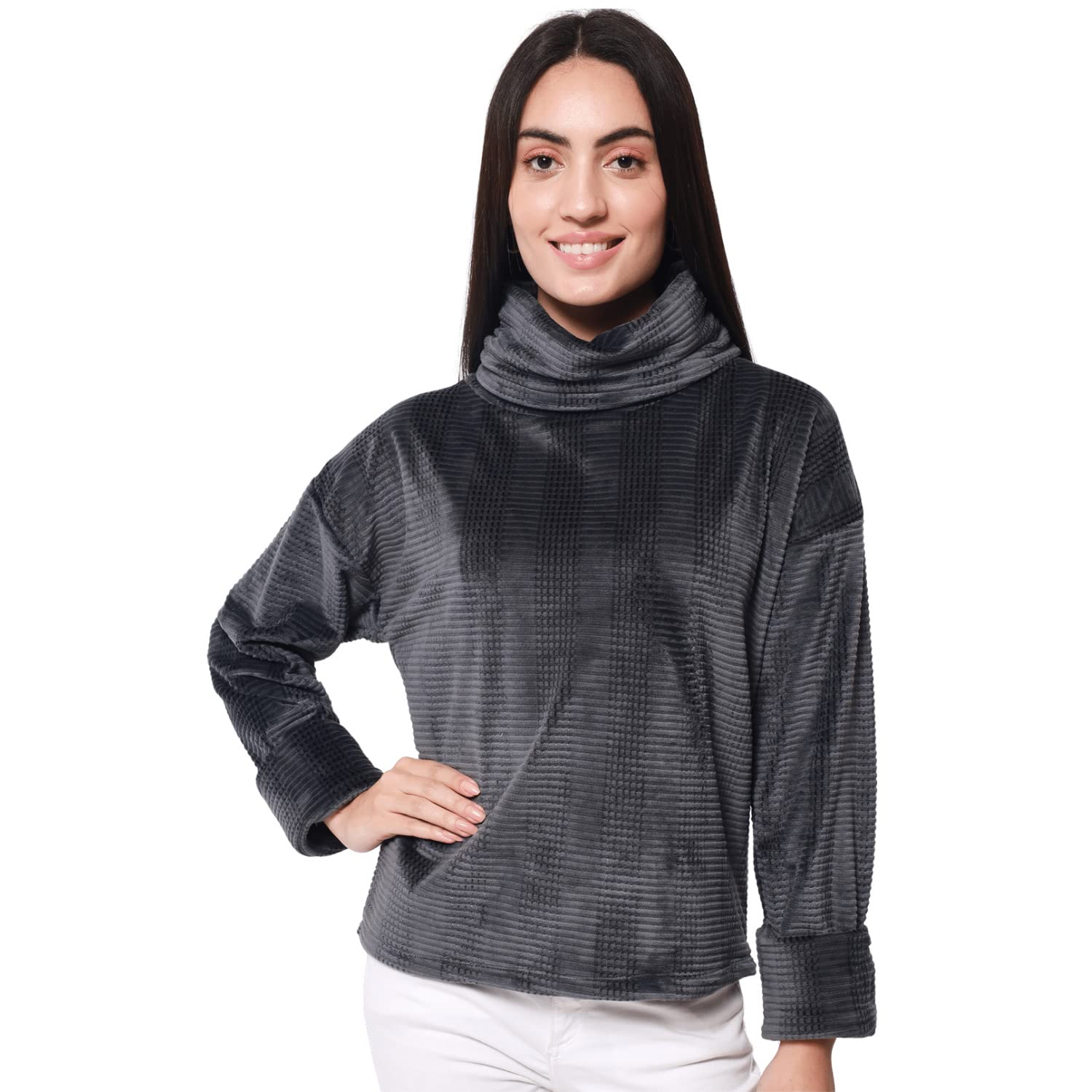 beatnik Velvet Self High Neck Dark Grey Women Full Sleeve Sweatshirts-picture-44
