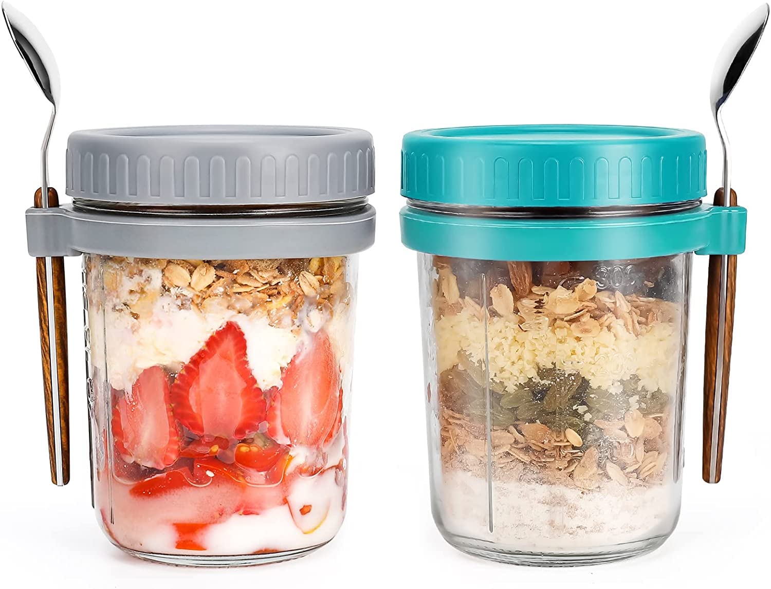 AIRFUL Overnight Oats Container with Lid and Spoon, 2PCS 350ml Large Capacity Airtight Oatmeal Container with Measurement Marks, Portable Mason Jars Breakfast Container for Salads Yogurt Cereal Milk