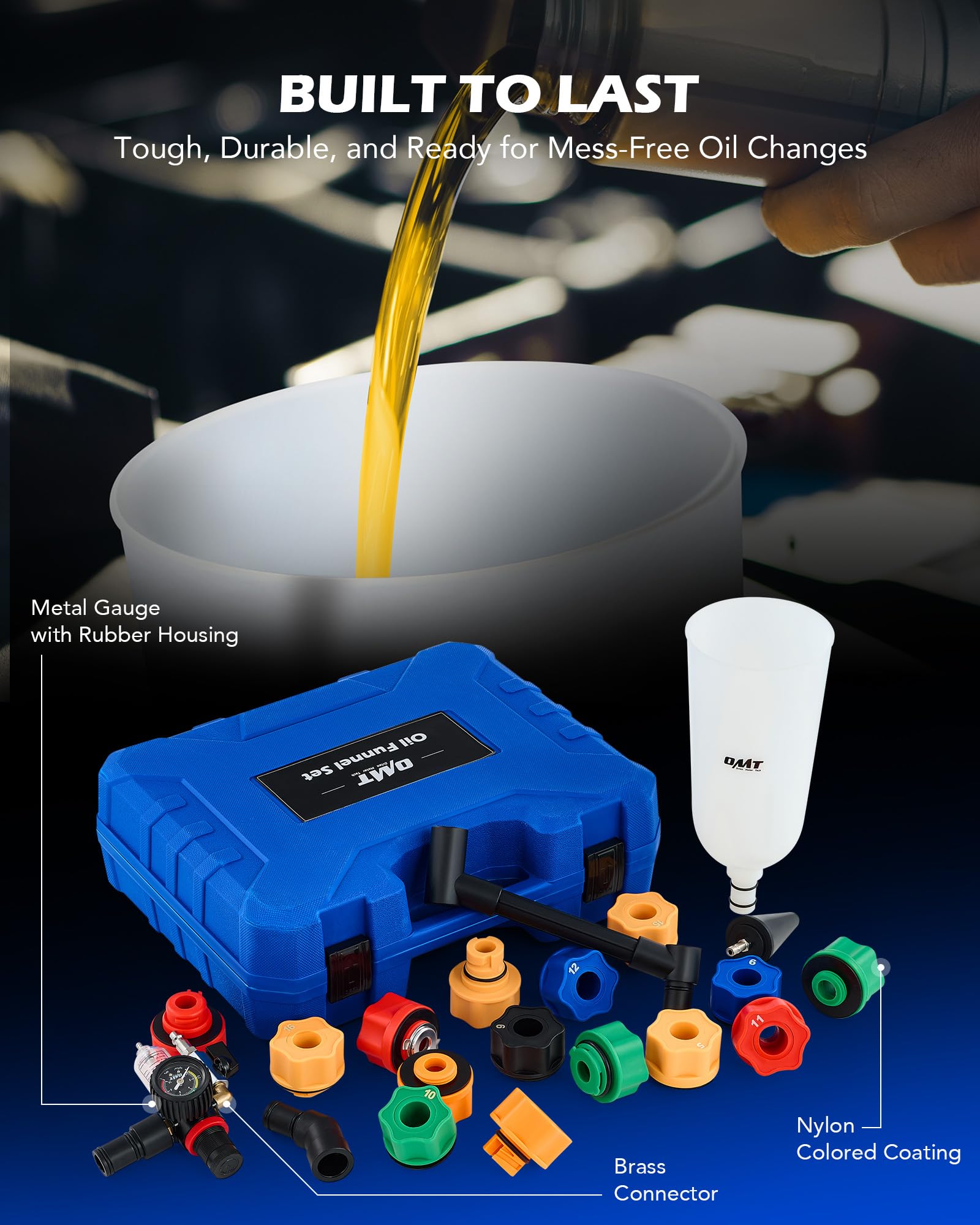 orion motor tech 23pc oil funnel set, 2.2 qt funnel for engine oil change with 15 adapters funnel necks & angled extension air filter regulator, oil filler funnel kit compatible with toyota ford more