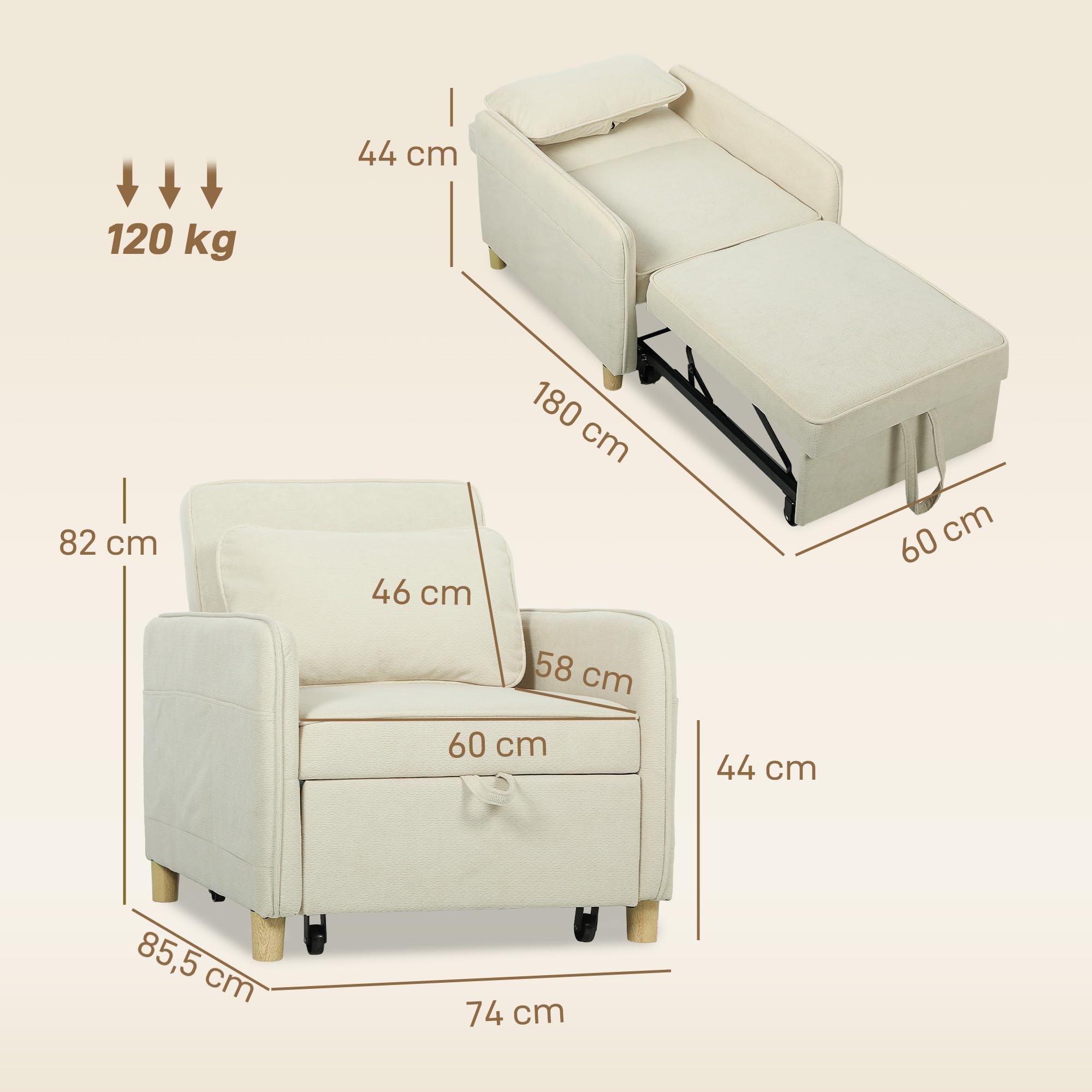 HOMCOM Fotel rozkładany 180x60cm 3 w 1 z funkcją łóżka, szerokie siedzisko, regulowane oparcie, poduszka lędźwiowa, sofa z kieszeniami bocznymi, aksamit kukurydziany do salonu, kolor beżowy