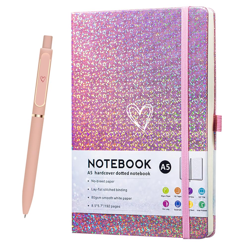 ZTUOK Glitter Laser A5 Notebook with Pen, Lined Journal A5 Notepad for Girls Women,Cute Bling Diary with Heart-Shaped College Ruled Hardcover Notebook for Work School, Note Taking, Business (Pink)