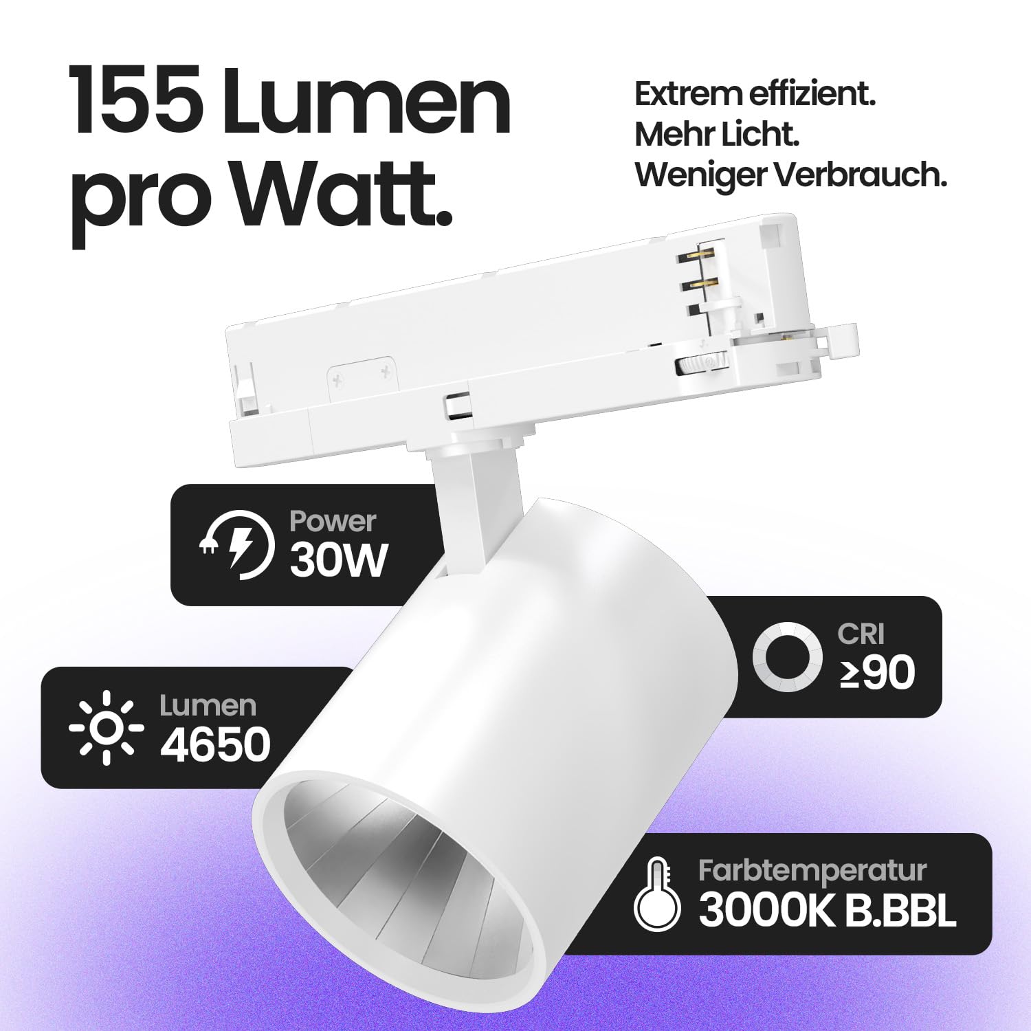 Schienenstrahler LED 30W 4650 Lumen 3000K CRI95 3 Phasen 4 Draht Brillantweiß