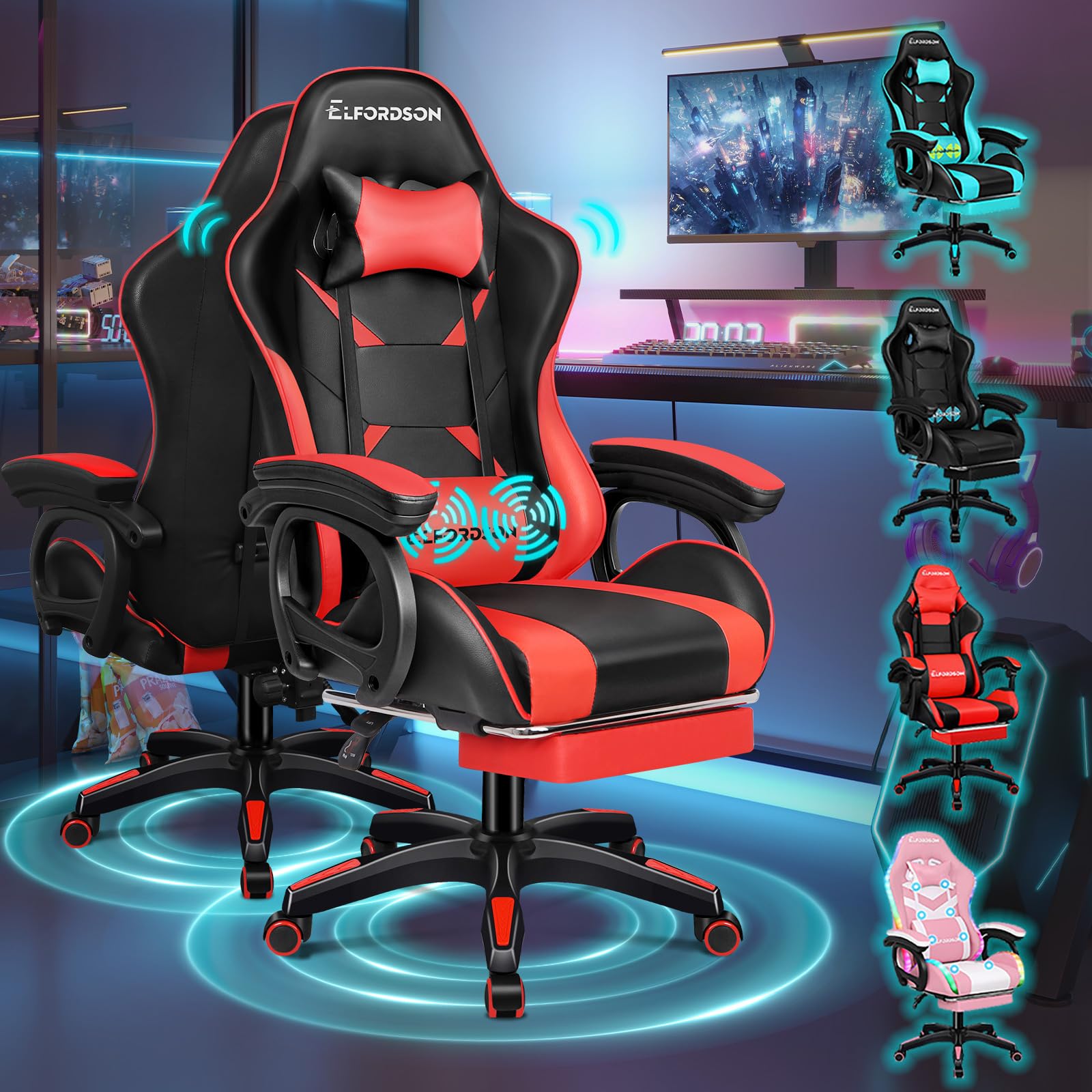ELFORDSON Gaming Chair with 2-Point Massage Cushion, Computer Chairs for Home Office, Head Pillow High Back 150ยฐ Recliner, for Kids Adults, Red and Black