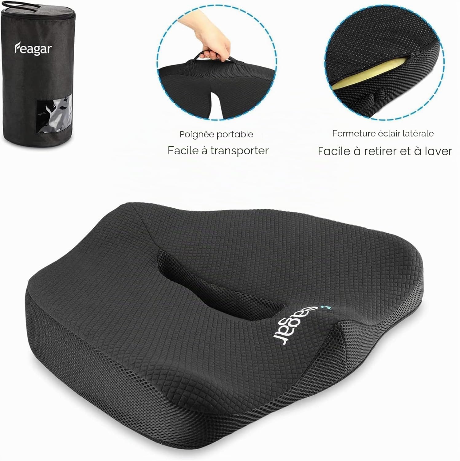 Feagar Coussin de Chaises en Mousse à Mémoire - Coussin Coccyx Ergonomique pour Siège Voiture Auto Conducteur Fauteil Bureau Fauteuil Roulant,Coussin Sciatique,Coussin d Assise,Noir