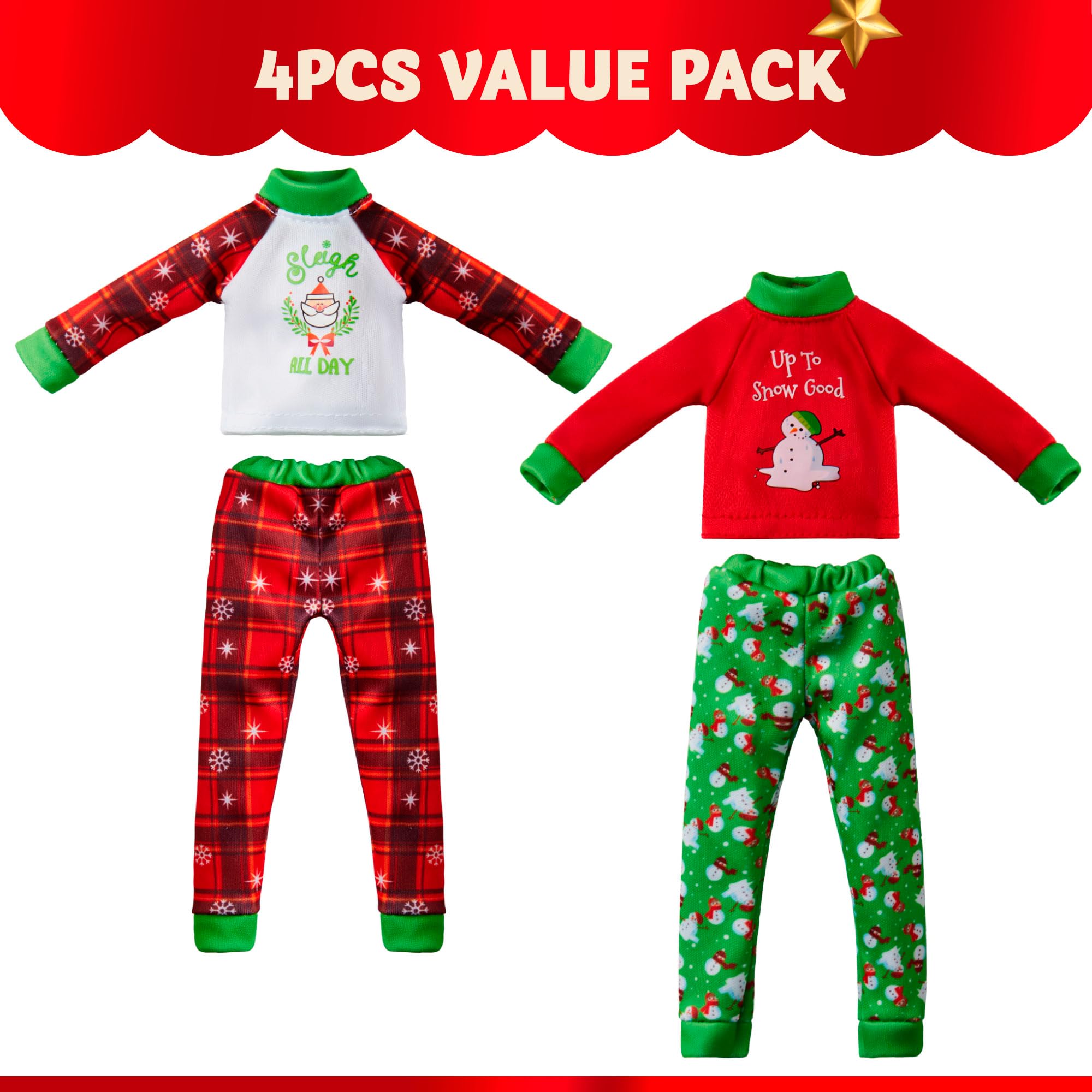 JOYIN Weihnachtselfen-Zubehör, hässliche Pullover für Puppe, Weihnachtsmann und Schneemann, klassischer Stil, Pyjama, Weihnachtspuppenkleidung, Weihnachtspullover für Puppe, Grün, Rot, 4 Stück