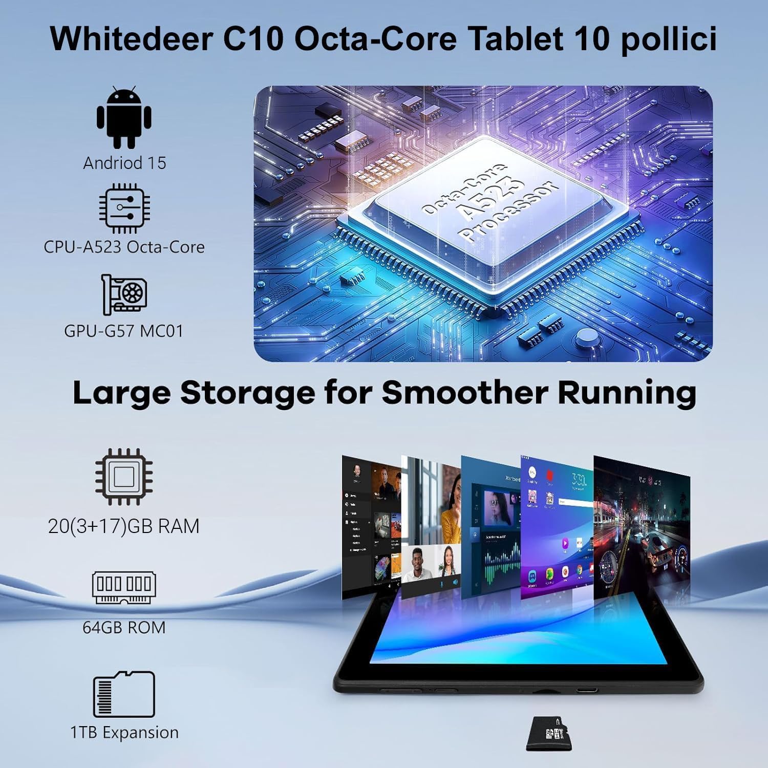 Whitedeer Tablet 10 pollici Android 15 Octa-Core, Face ID, OTG, 20GB+64GB+1TB Espansione, 1280 * 800 IPS, Split-Screen, WiFi 6, BT5.3, Doppia Fotocamera 5MP+8MP, 5000mAh, Widevine L1 (Nero)