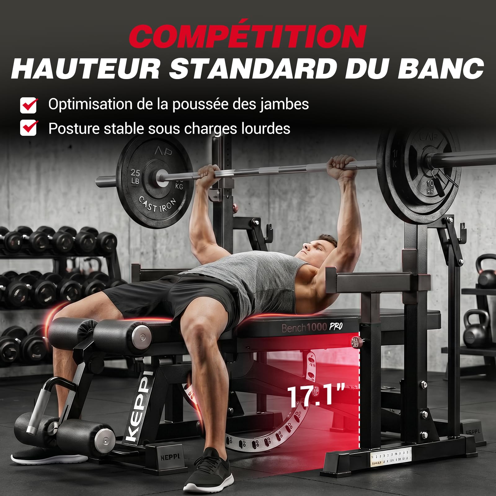 Keppi Banc de Musculation, avec 600 kg Capacité, Banc de Musculation Multifonction pour Entraînement à Domicile, Banc d'Abdominaux, Développé Couché & Fitness Corporel - Bench1000 Pro
