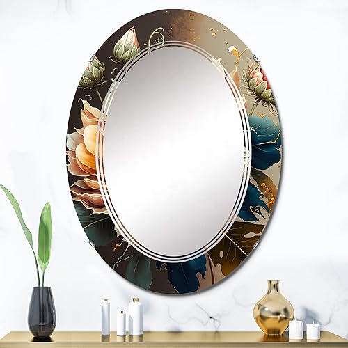 Miniatura 2 de Espejo de pared floral y botánico, espejo tradicional ovalado, espejo de baño redondo naranja, espejo de tocador de girasol, flor de girasol