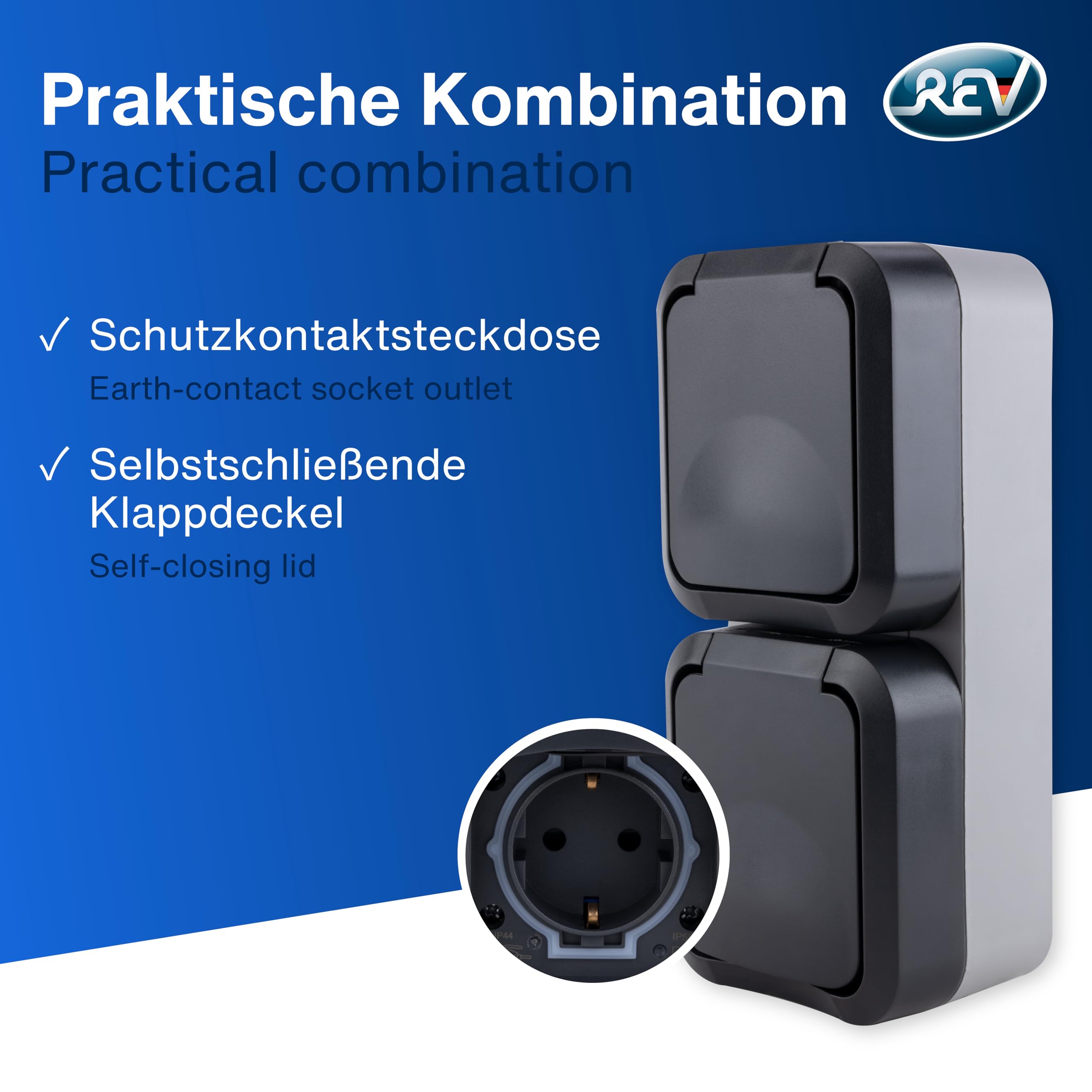 REV - AquaStorm, doble enchufe, IP55, bipolar, montaje en superficie vertical, 230 V, 16 A, antracita