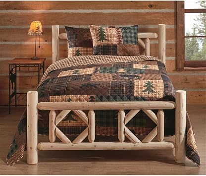 Diamond Cedar Log Bed Frame, Rustic Natural Wood King Bed Frame with Headboard