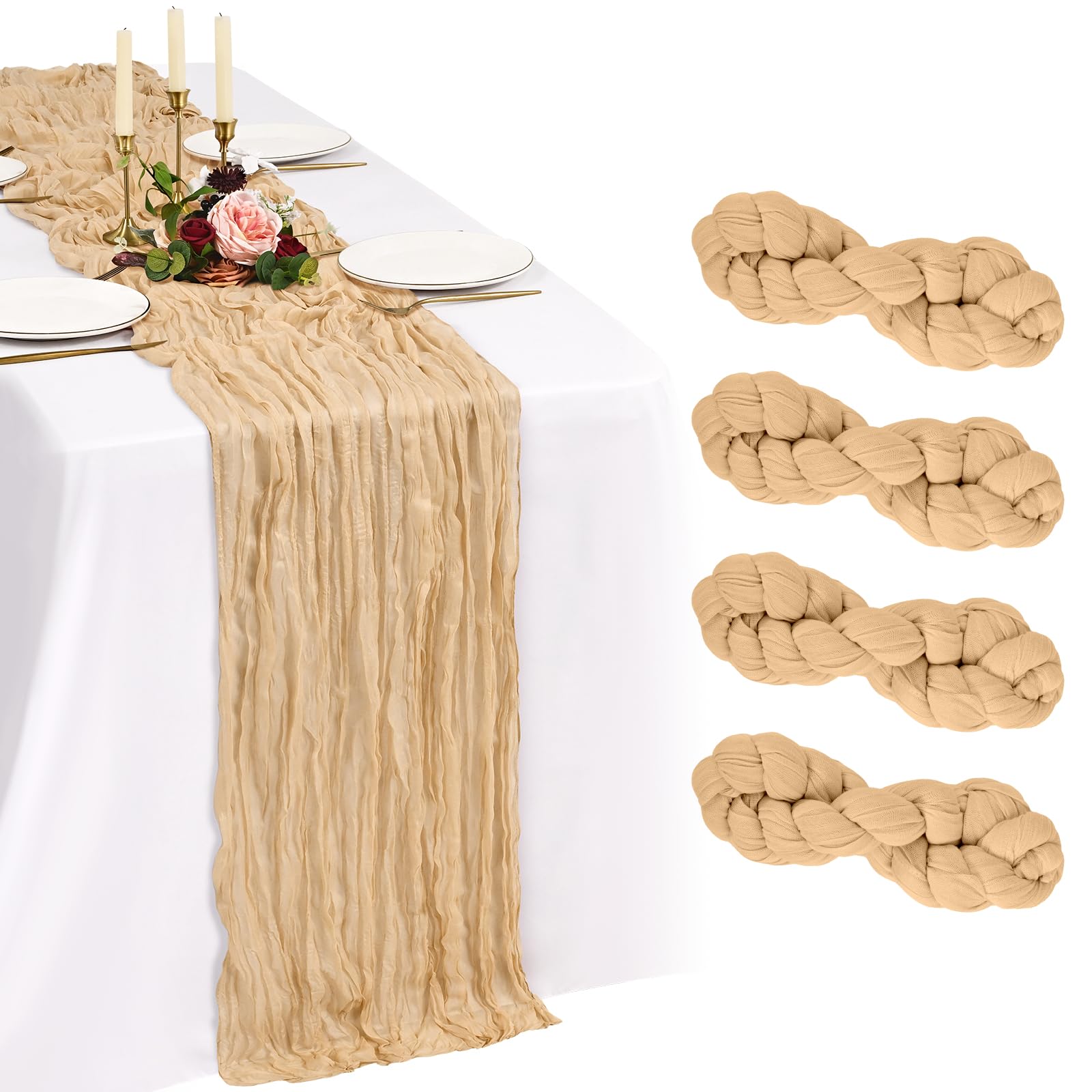 Showgeous Nude Cheesecloth Table Runner 90x300cm, Boho Gauze,4 Pack