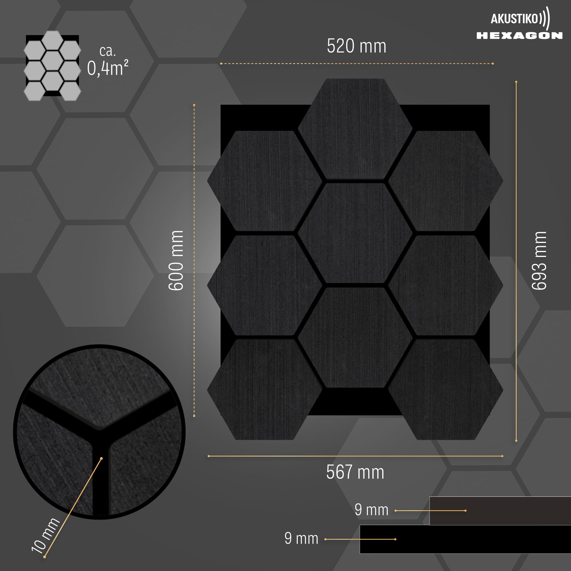 Akustiko Hexagon 3D paneles acústicos pared, 3 uds., 567 x 693 mm, fieltro MDF, chapa efecto madera, para la decoración moderna de paredes decoración para estudio, (Black Oak)