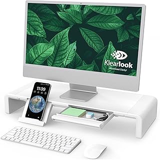 Monitor Stand Riser, Klearlook Foldable Computer Monitor Riser,Height Adjustable Computer Stand, Desk Shelf Riser with Storage Drawer &Tablet Phone Stand for Computer, Desktop, Laptop (White)