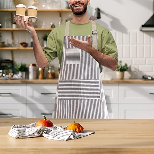 Miniatura 8 de Delantales para mujer con 3 bolsillos, 2 piezas, delantales de cocina ajustables, delantal de chef para mujeres, hombres, cocina, parrilla, hornear,