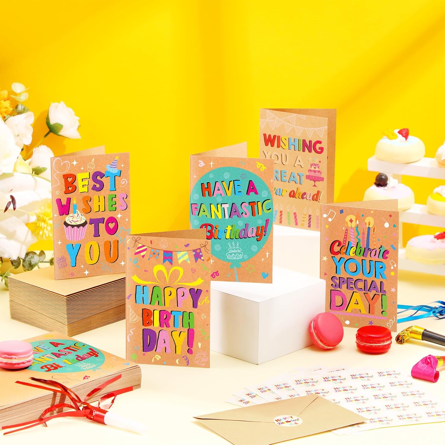 Gersoniel 300 Pcs Happy Birthday Cards Bulk for office with 100 Envelopes 100 Cards and 100 Stickers Blank Inside Assorted Funny Birthday Card Gift for On Mouth Office Classroom Business and Personal
