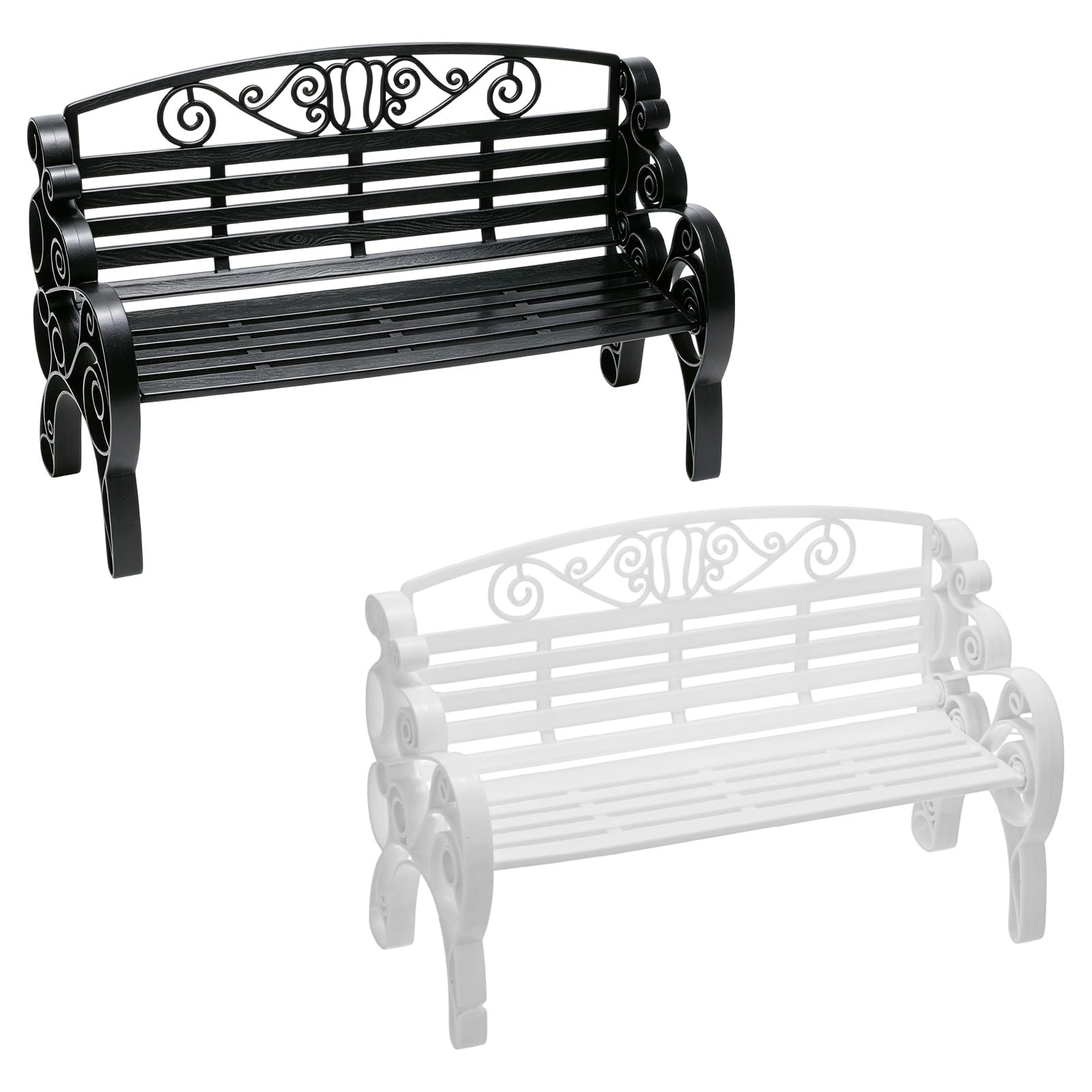 M METERXITY 2-Pack Miniature Park Bench Models, 8.7x3.5x5.5 Inch ABS Mini Garden Chair Furniture for Fairy Garden/DIY Micro Landscaping/Dollhouse, European Style Bench Toys [Black, White]