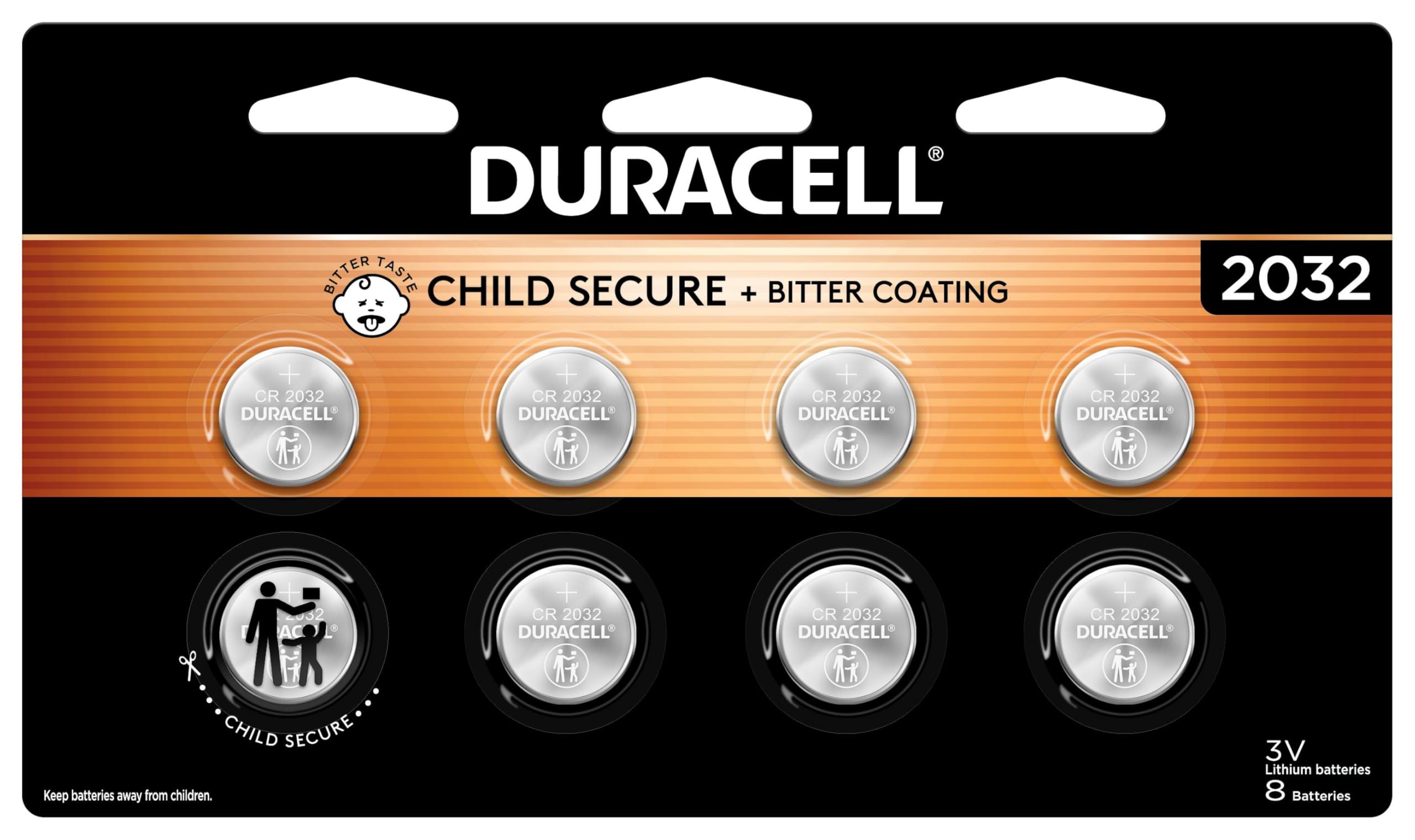 duracell 2032 lithium battery 8 count pack of 1 child safety features compatible with apple airtag key fob and other devices cr 3v cell
