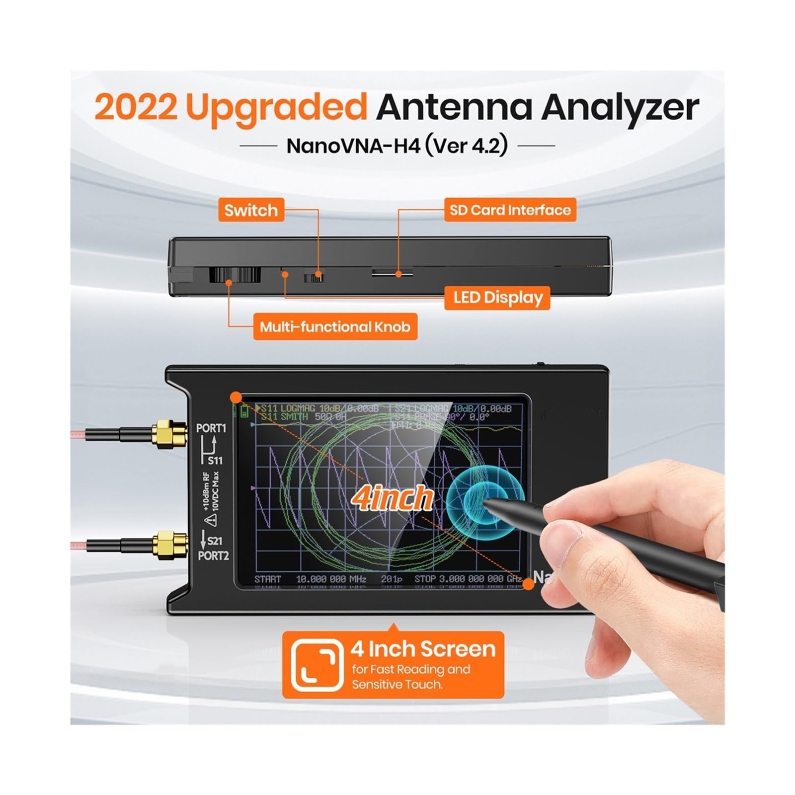 Analizador Vectorial de Redes, Analizador de red vectorial VNA-H4 actualizado de 4 pulgadas 10k-1,5 GHz HF VHF UHF Analizador de antena versión 4,3 con ranura for tarjeta SD Medición de Parámetros S,