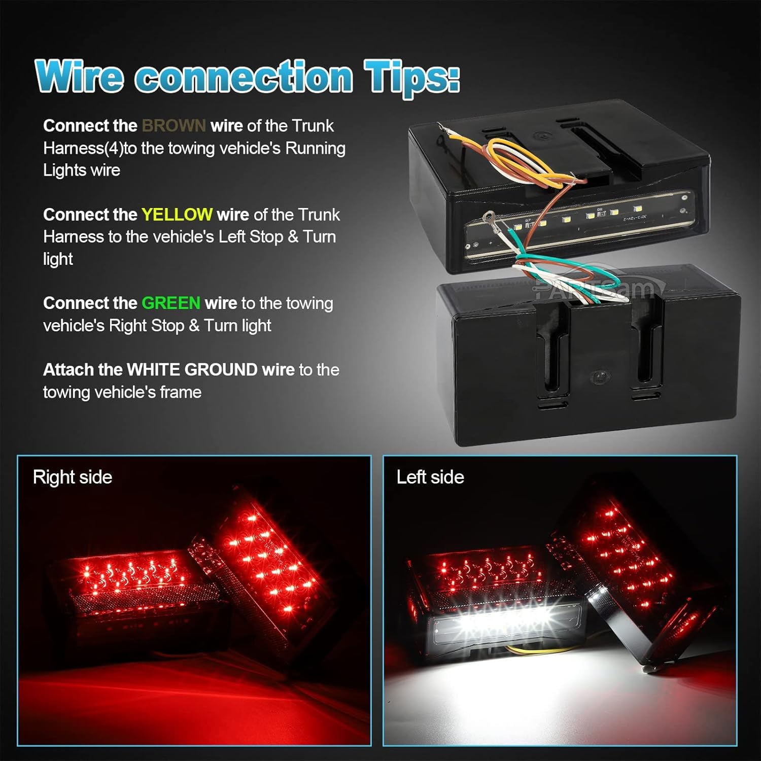 Partsam 12V LED Rectangular Trailer Light Kit, Sealed Rectangle IP68 Waterproof Truck Marine Boat Trailer Stop Turn Tail License Plate Brake Running Lights w 25ft Wiring Harness & Bracket