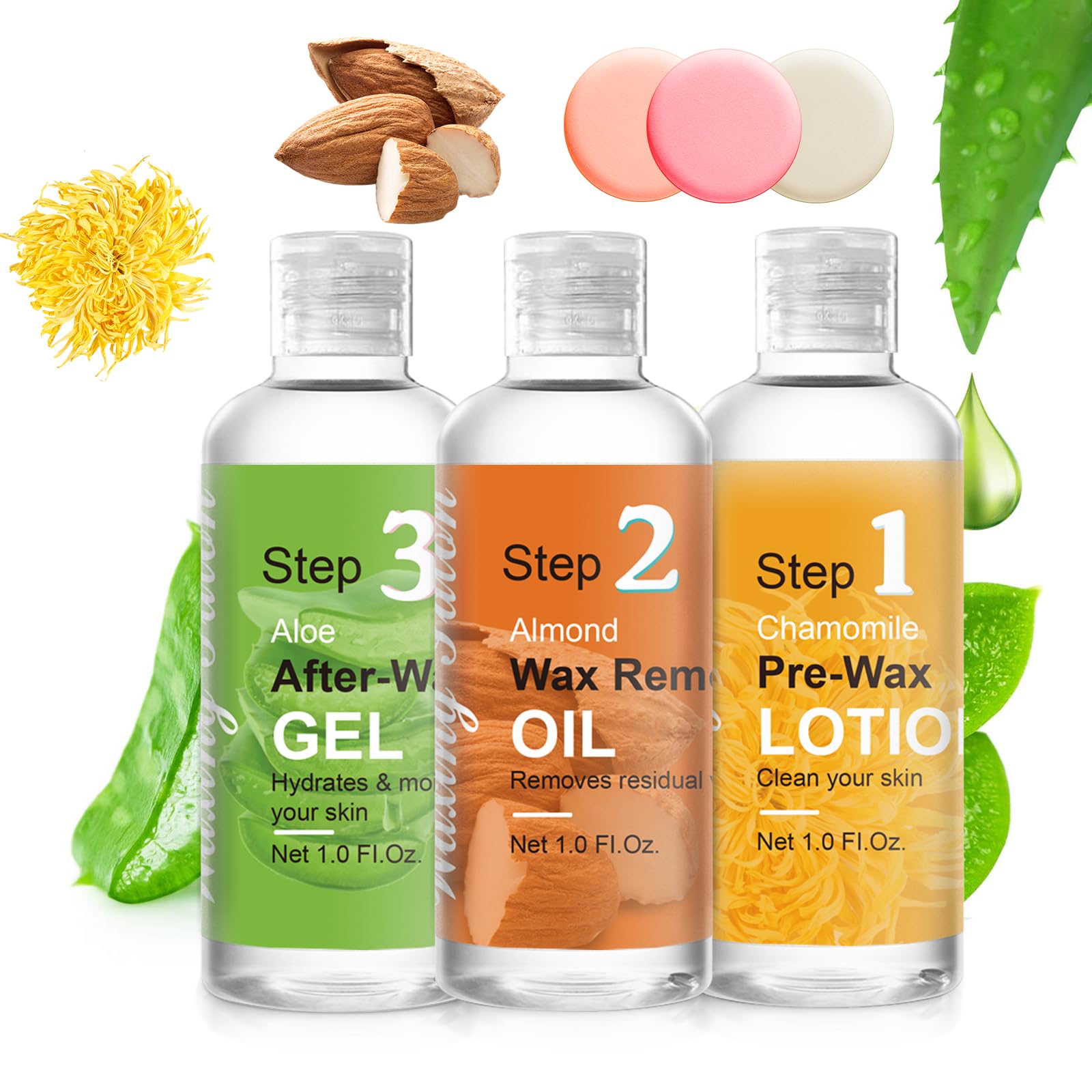Before And After Waxing Skin Care Products, Chamomile Pre Wax Cleanser Lotion, Almond Oil Moisturizing Wax Remover, Post Wax Cooling Aloe Vera Gel, 3 Bottles Hair Removal Waxing Kit for Women