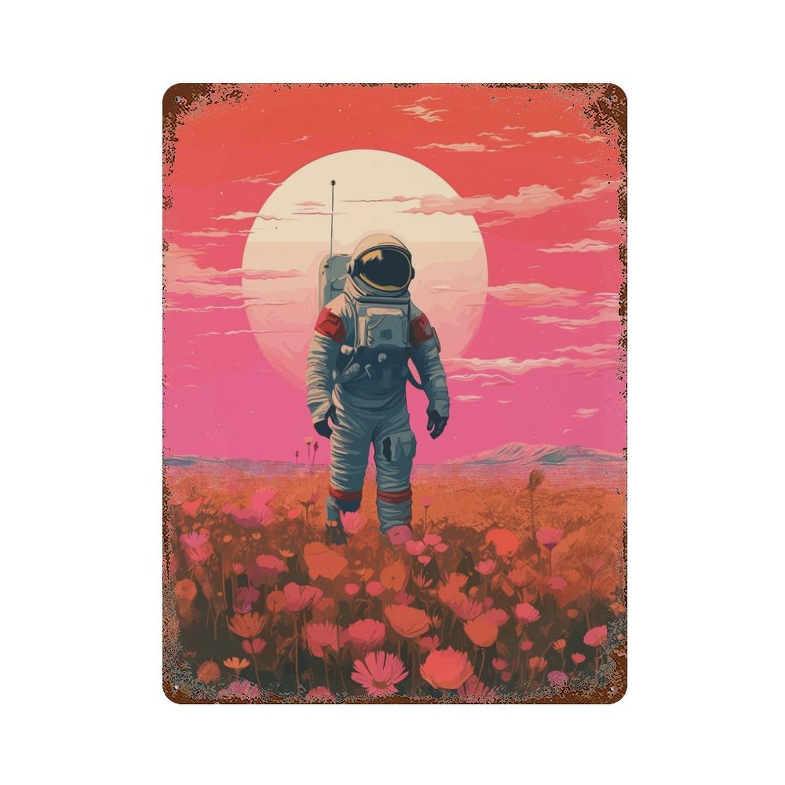 Astronaut Painting Flower Vintage Wall Sign 15.7"x11.8", Rust Effect Metal Decor for Living Room, Hallway And Home Decor