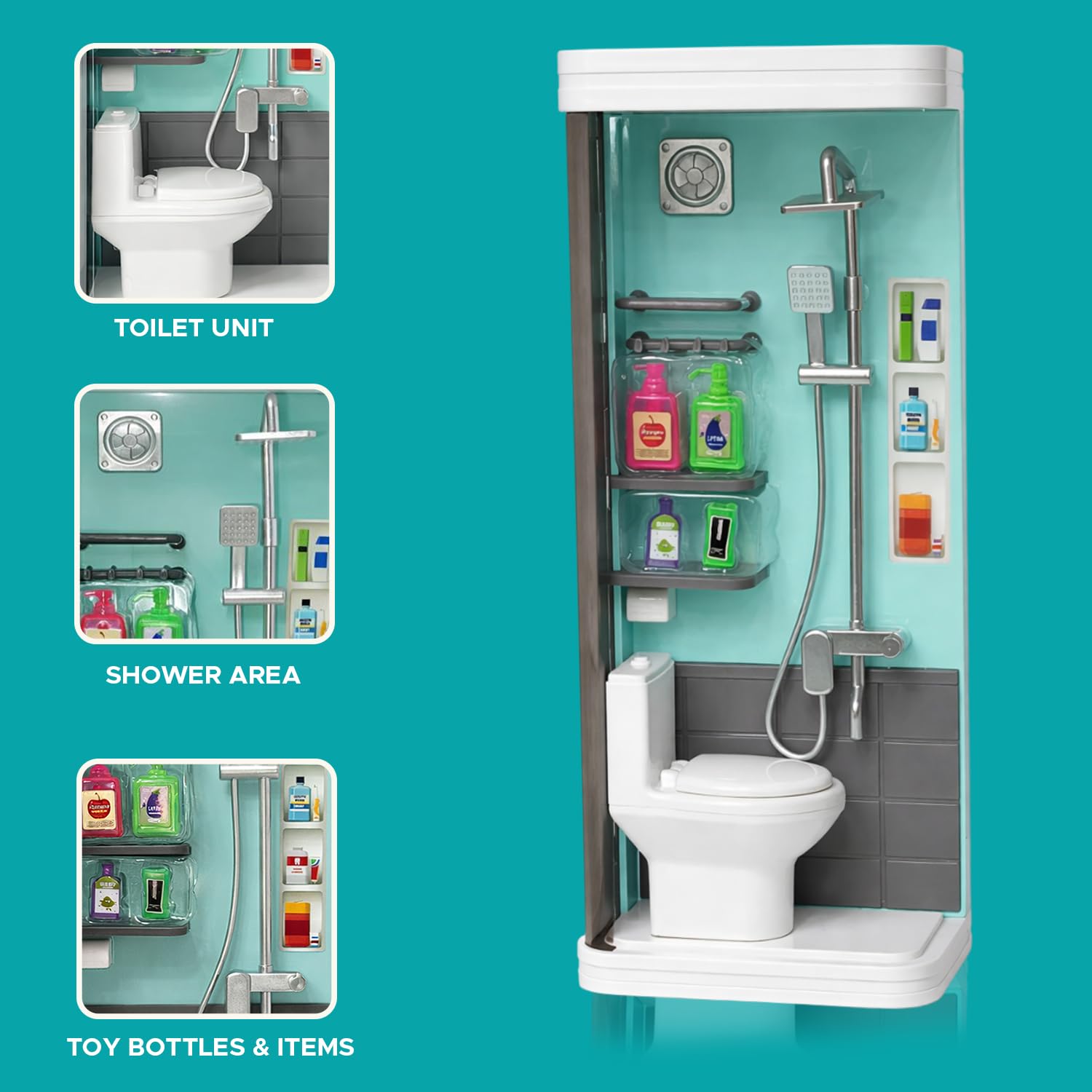 NHR Shower Set Kids Bathroom Pretend Playset – 2-in-1 Interchangeable Mini Bathtub & Toilet Unit with Overhead Shower, Wand, Towel Bars, and Bath Accessories – Furniture Toy Gift for Kids Aged 3+