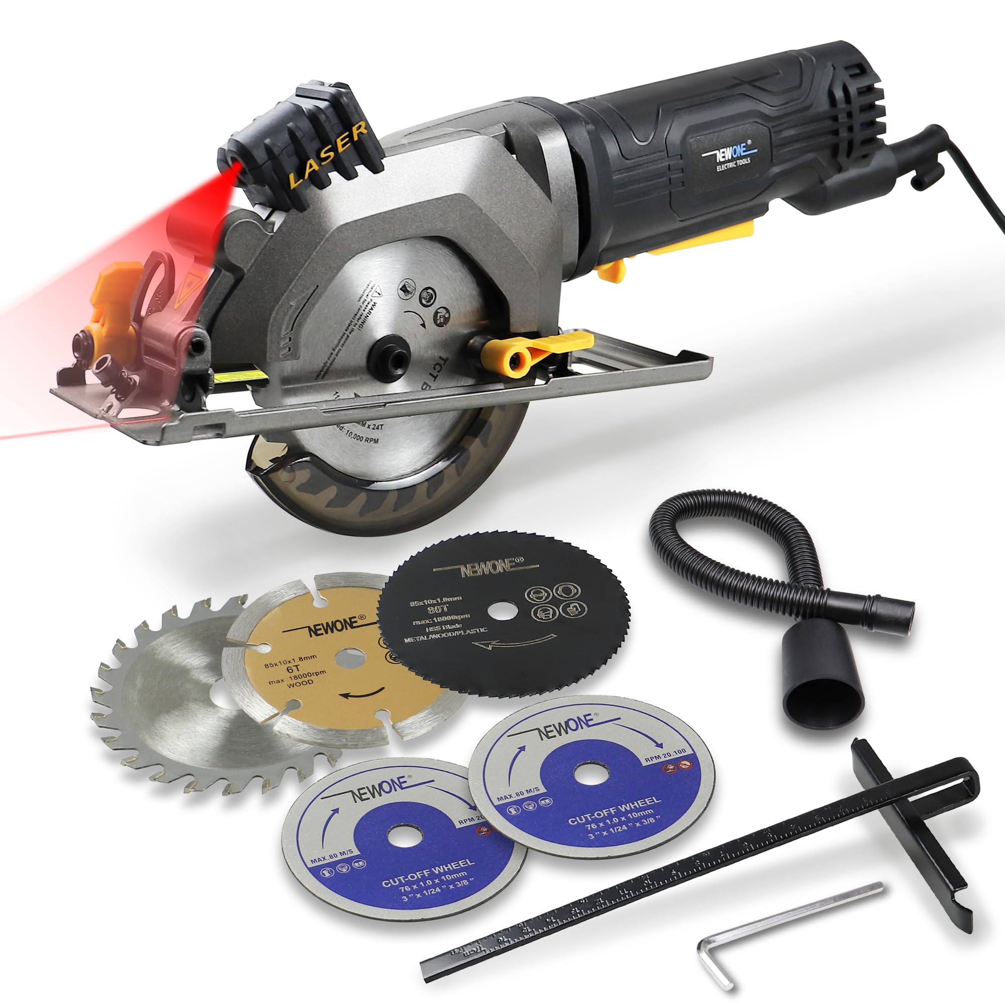 Mini Circular Saw,NEWONE 4.5Amp Electric Circular Saw with 6 Saw Blades,3500RPM,Max Cutting Depth 1-11/16"(90°), 1-1/8"(45°),Circular Saw With Laser