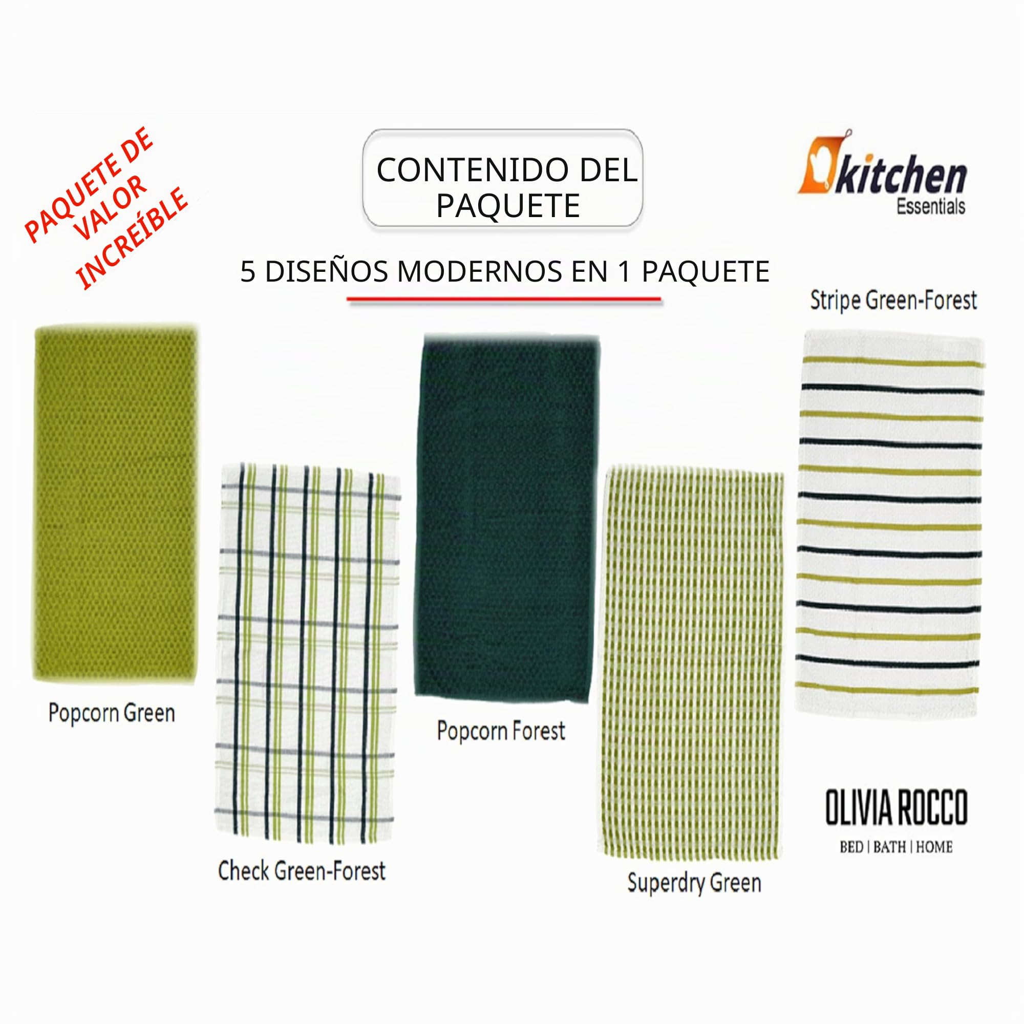 Olivia Rocco - Pack de 5 paños de cocina de rizo de algodón, súper absorbentes, de secado rápido y suaves, color verde salvia