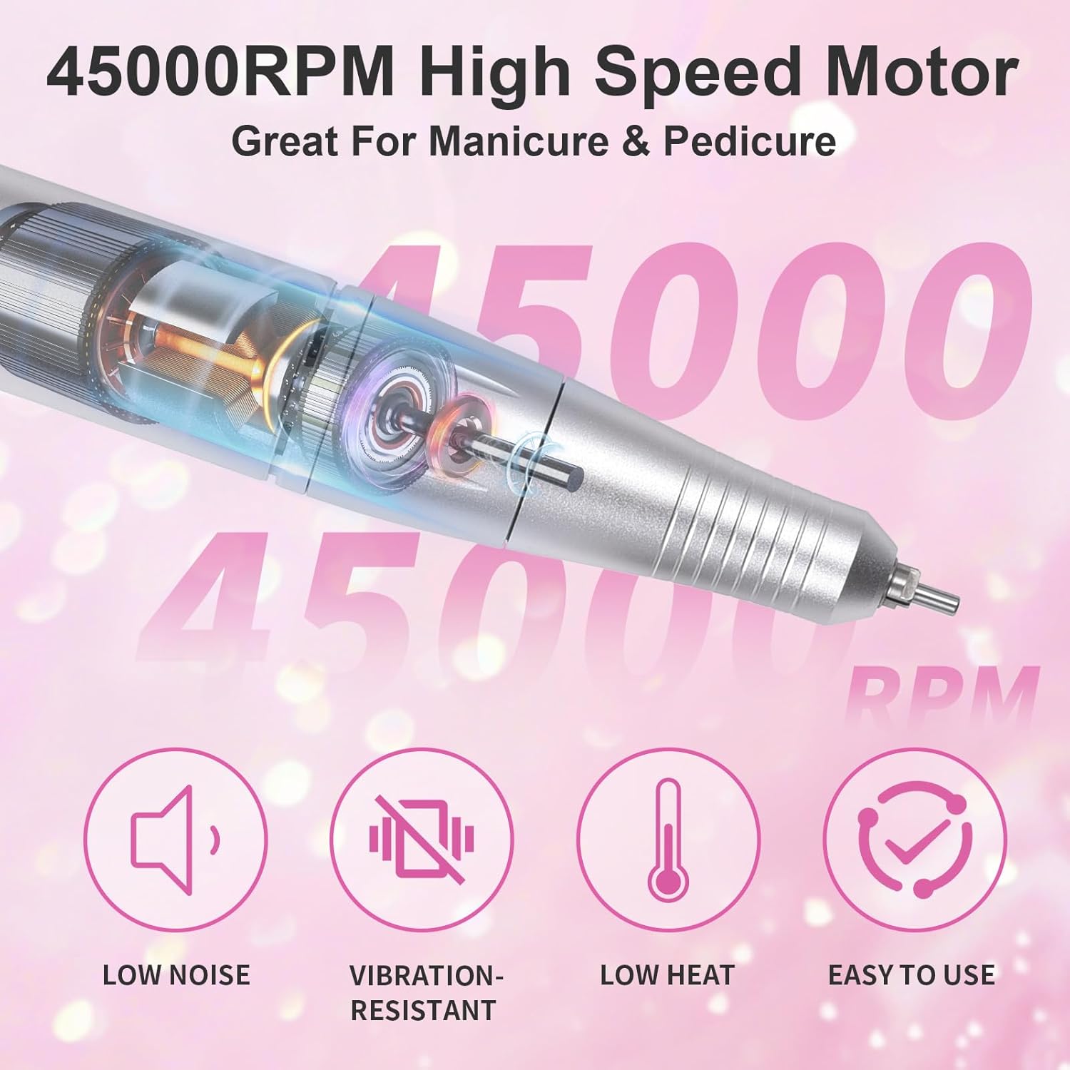 electric nail drill machine 45000rpm professional cordless rechargeable portable nail file removing polishing acrylic gel nails with 6 drill bits & sanding bands, for nail salon home, white