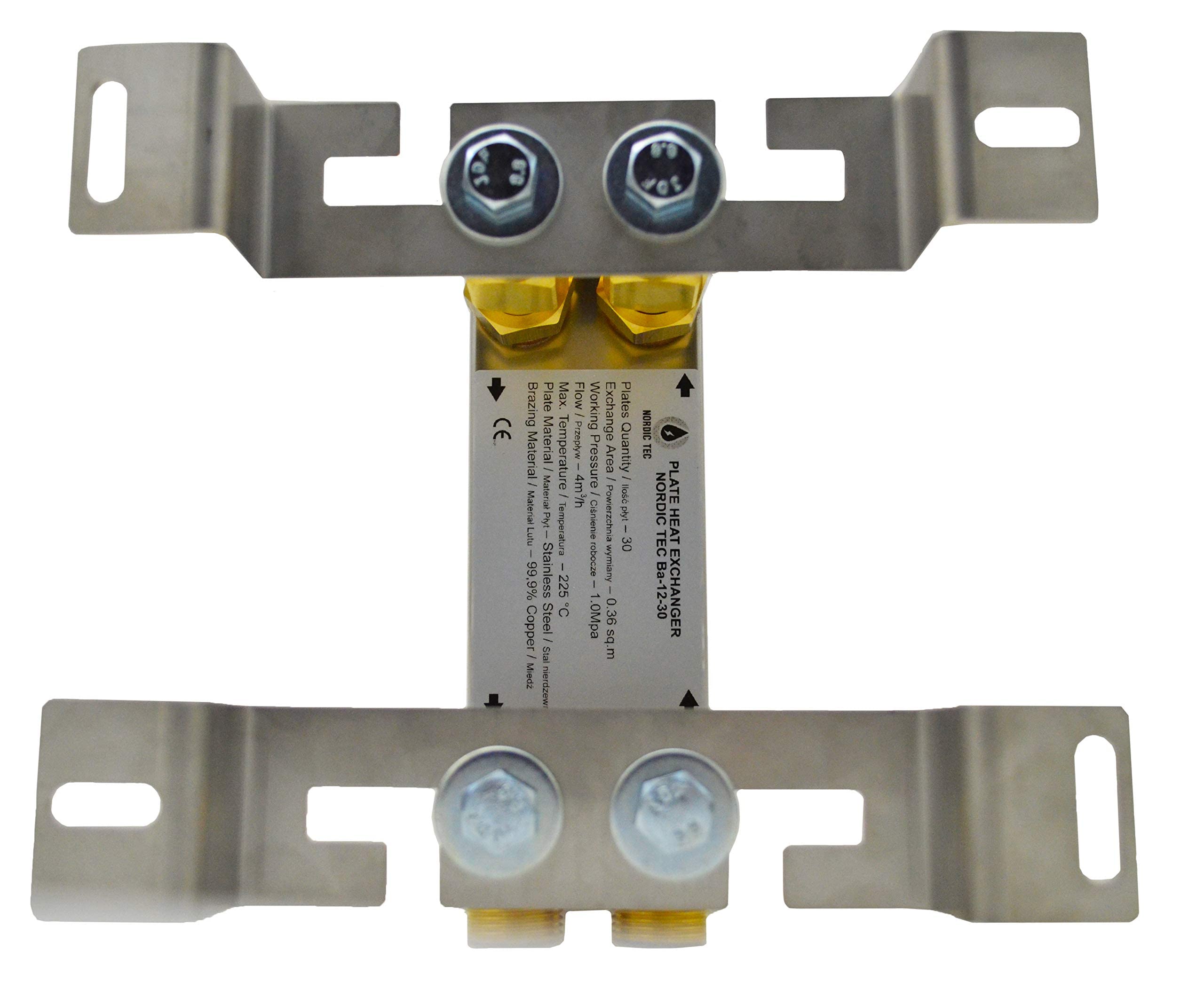 Intercambiador de calor Nordic Tec Ba-12-30 de acero inoxidable, 30 placas, 65 kW, 3/4" con fijación a pared y piezas de conexión.