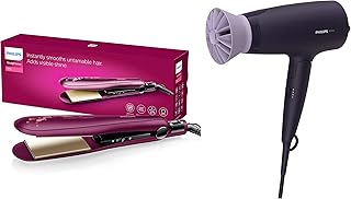 PHILIPS BHS738/00 Kerashine Titanium Wide Plate Straightener With SilkProtect Technology & Hair Dryer BHD318/00 1600 Watts Thermoprotect AirFlower Advanced Ionic Care 3 Heat -Purple