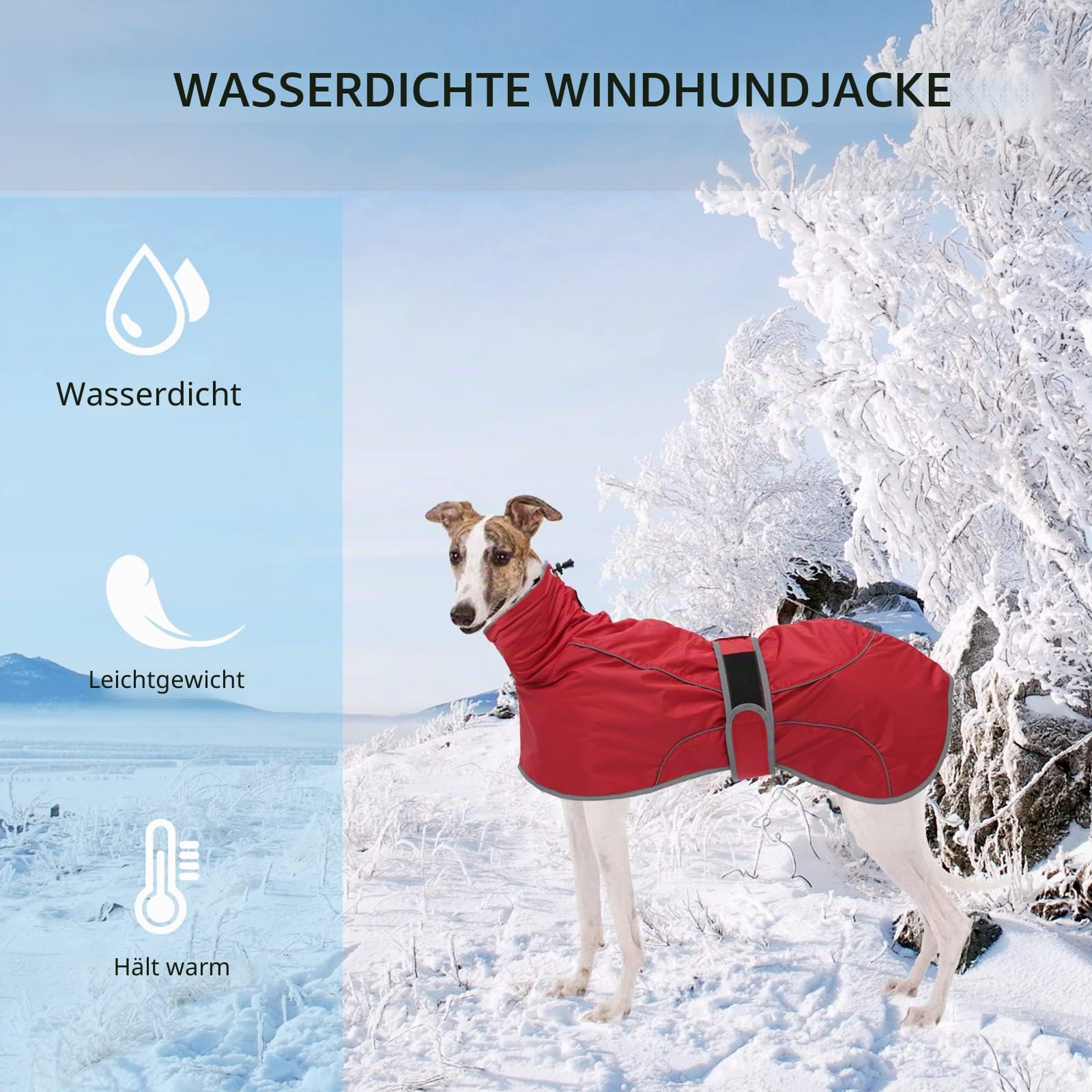 Geyecete- Wasserdicht Windhunde Mantel Fleece Whippet Pullover Winterjacke,Verstellbaren Reflektierend Outdoor Hundemantel für mittel und Grosse Galgo Windhund Whippet Lurcher Saluki-Rot-S