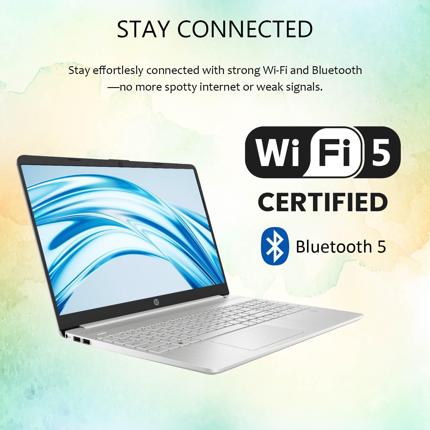HP 15 Laptop displaying Wi-Fi 5 and Bluetooth 5 logos, indicating wireless connectivity features.