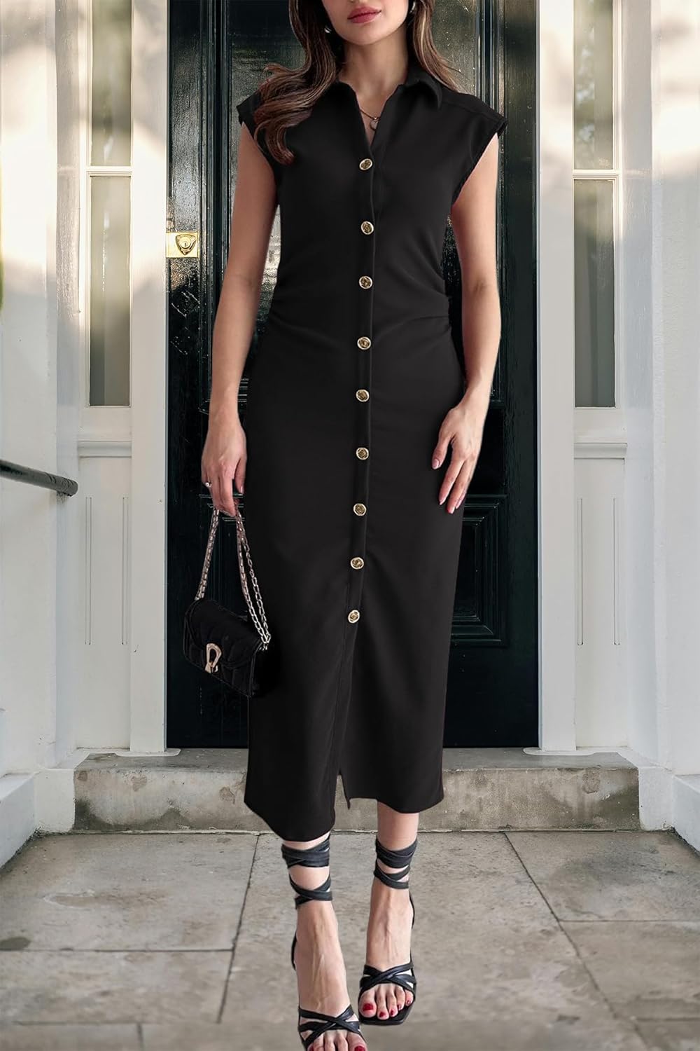 FairBeauty Women’s Casual V Neck Bodycon Ruched Decorative Button Elegant Cap Sleeve Long Dress - Image 6