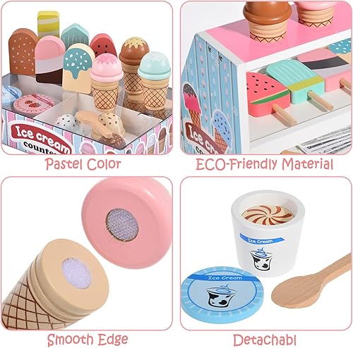Miniatura 6 de Juguetes de helado de madera para niños, tienda de juegos de cocina para niños pequeños, accesorios de cocina con cucharada, menú y dinero falso,