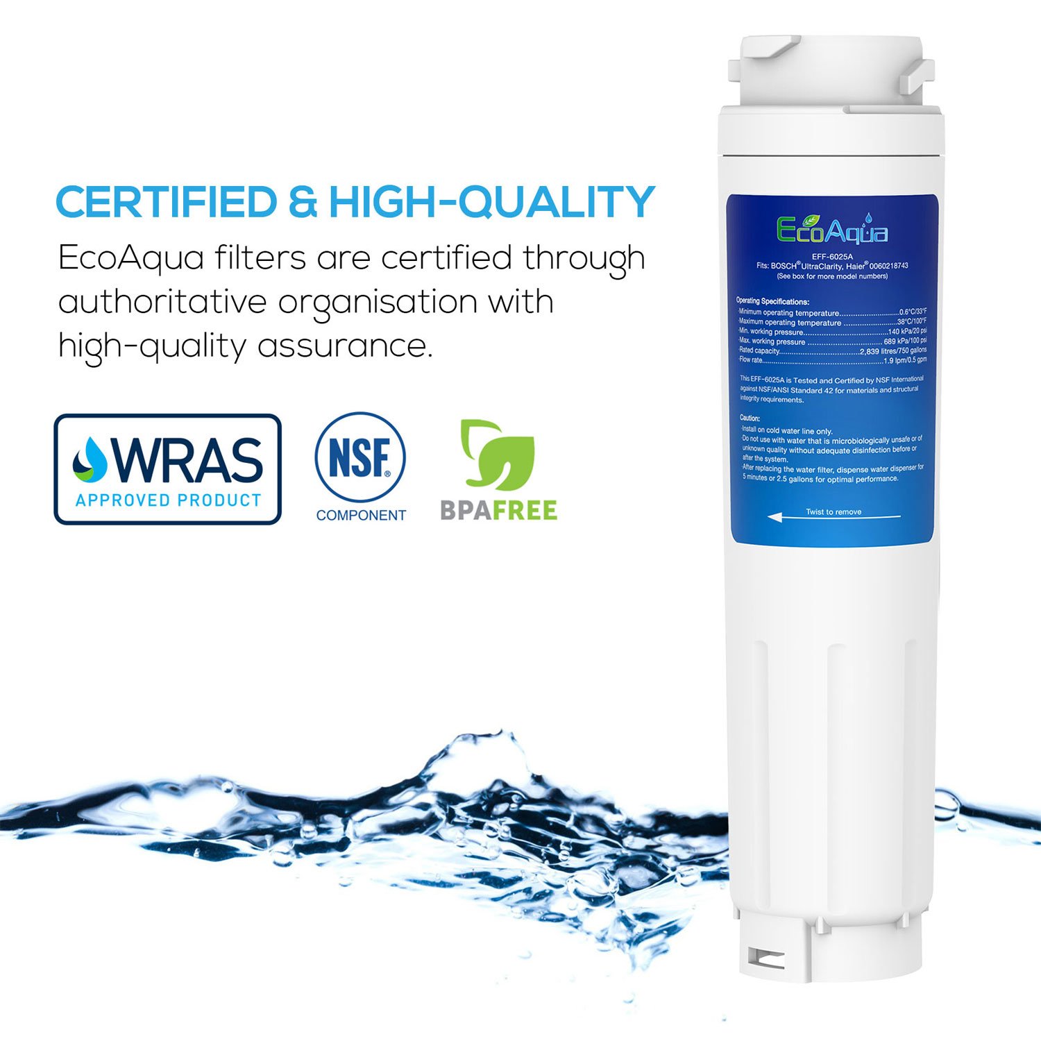 EcoAqua EFF-6025A Filtro de agua para frigoríficos compatible con Bosch Ultra Clarity 644845, KAD62A70, KAD62P90, KAD62S20; Siemens CI36BP00, FI24DP00; Neff K5920L0 (2)
