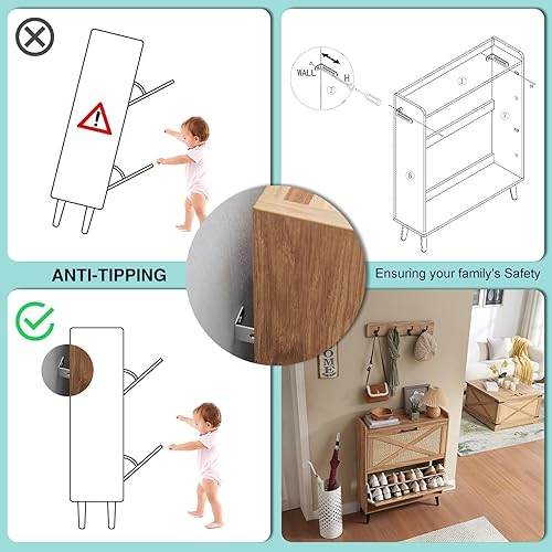 Miniatura 5 de Armario de almacenamiento de zapatos, organizador de zapatos bohemio con 4 cajones abatibles y diseño de ratán, armario de zapatos oculto oculto
