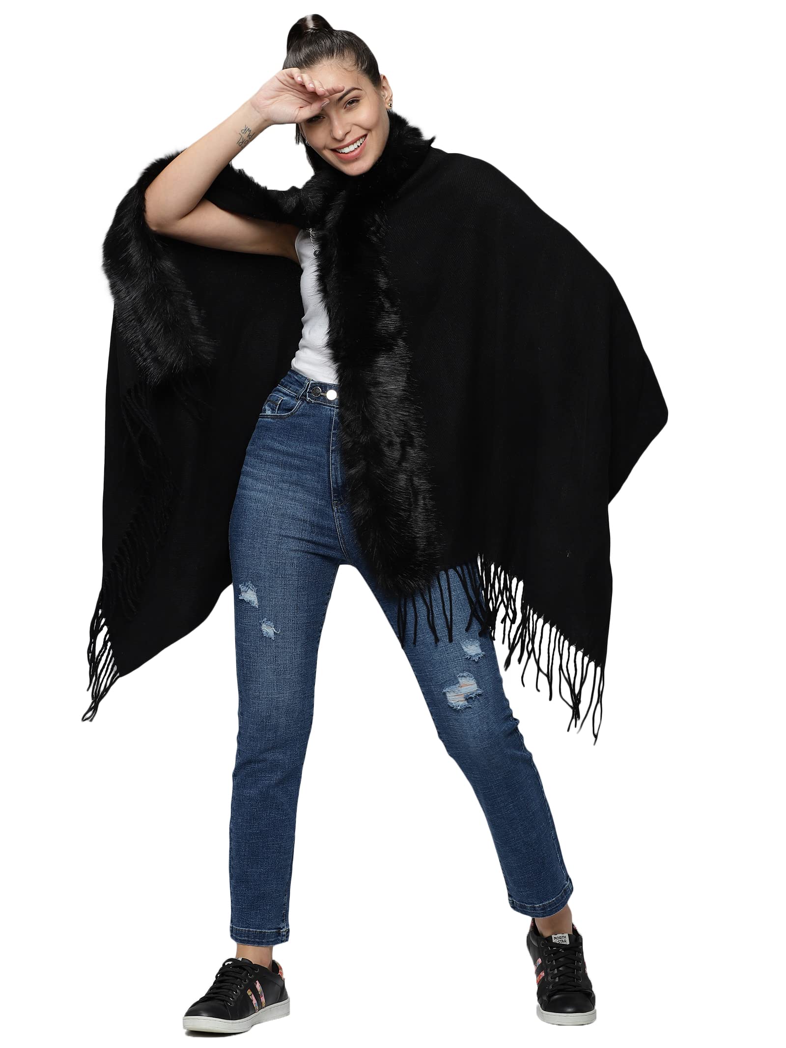 SHOWOFF Women's Sleeveless Longline Black Solid Poncho-BLR-819_Black-image-42