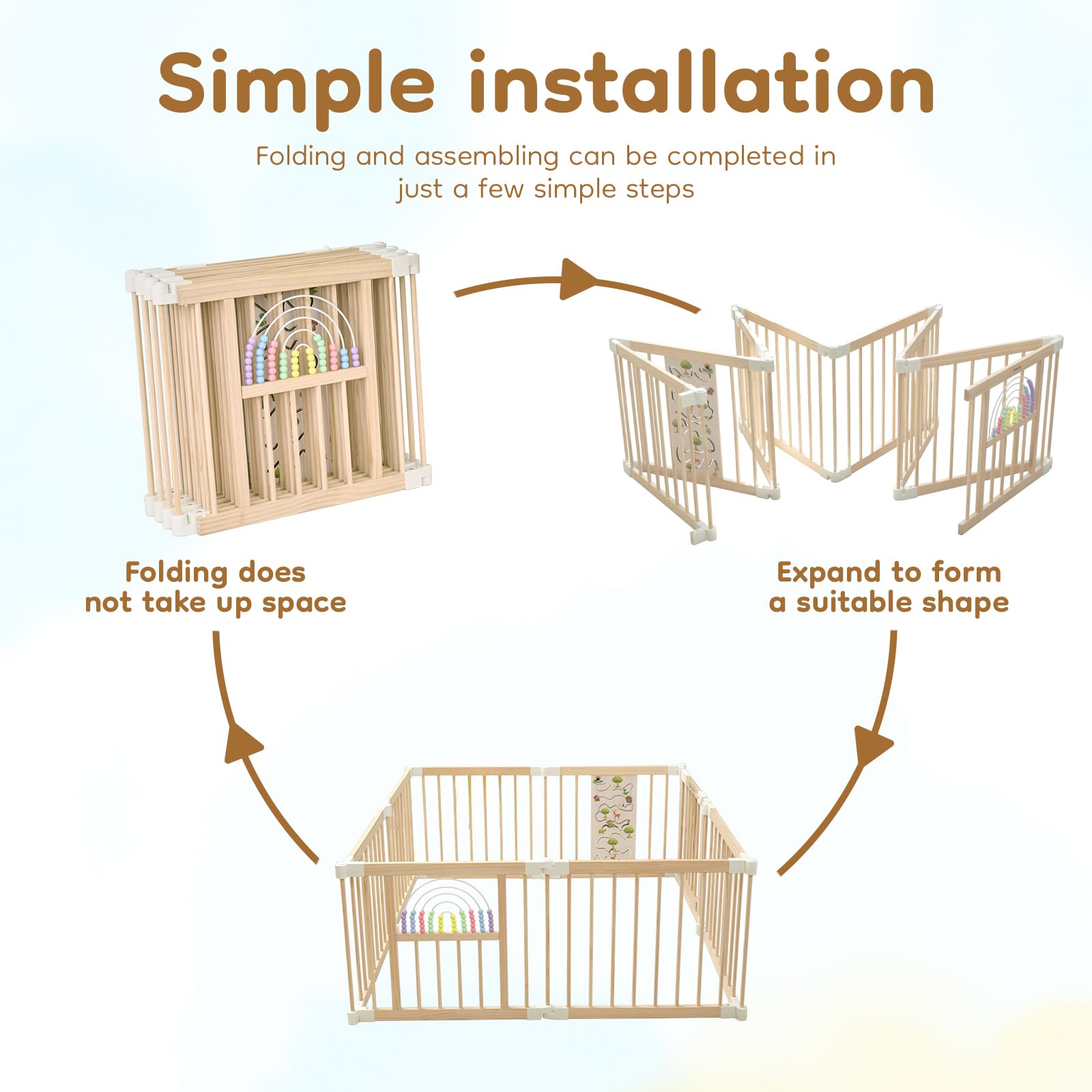 YZNVCG Baby Playpen - Adjustable Multi-Shape Wooden Play Yard, Portable Collapsible Activity Center with Baby Fence Play Area & Toys for Infants, Toddlers (54x54x24inch