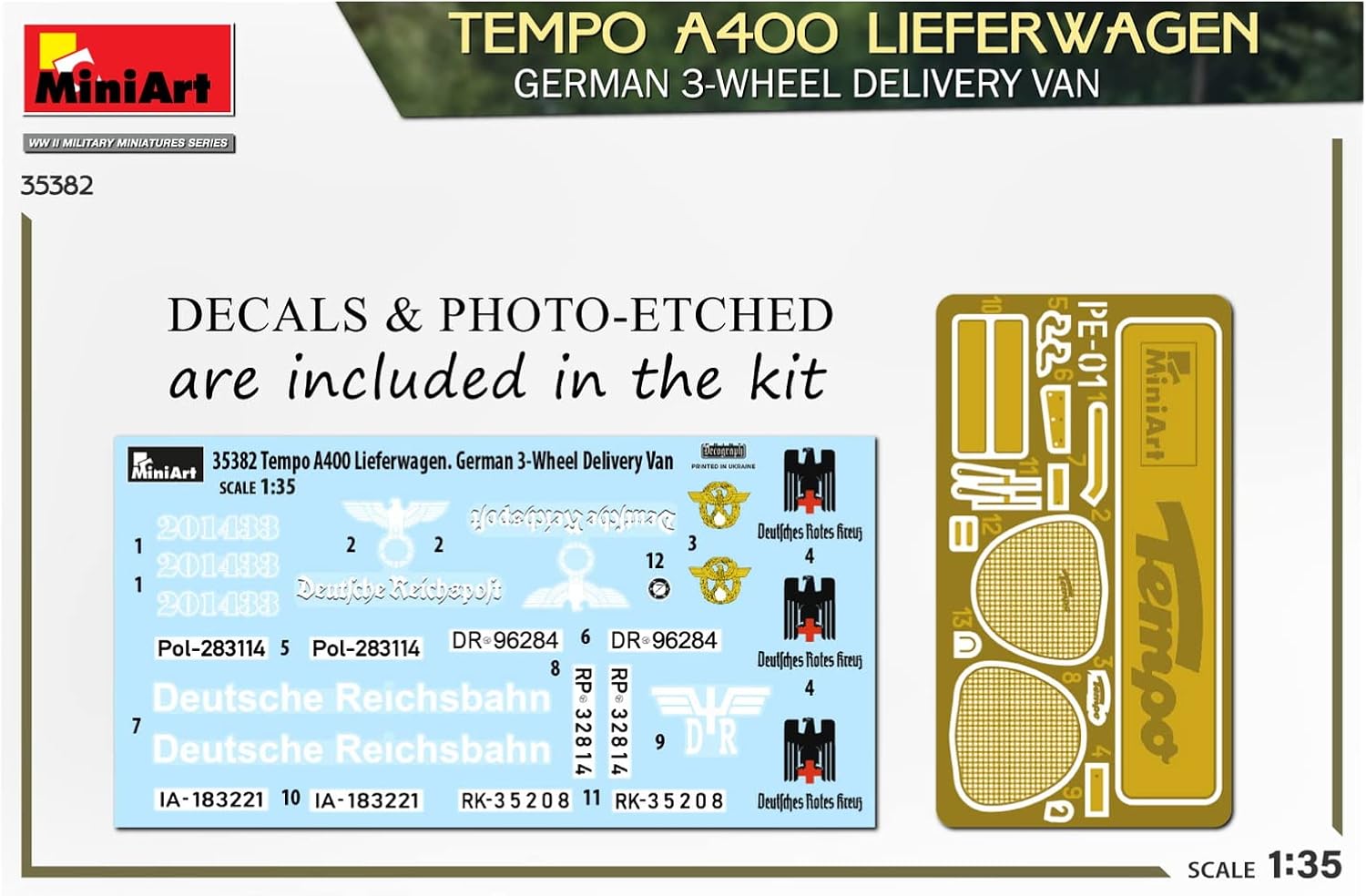 MiniArt MIN35382 1:35-Tempo A400 Lieferwagen 3-Wheel Van Scale Model kit, Unpainted