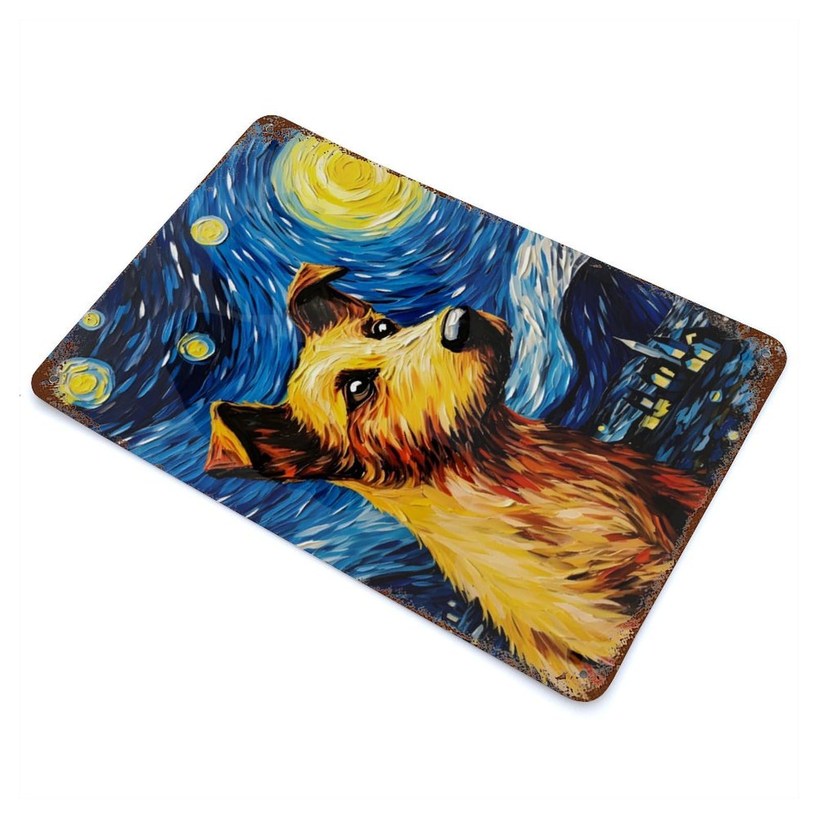 Aged Metal Wall Plaque with The Starry Night Dog Design 11.8"x7.9", for Farmhouse, Kitchen And Entryway Decor, Old School Wall Decor