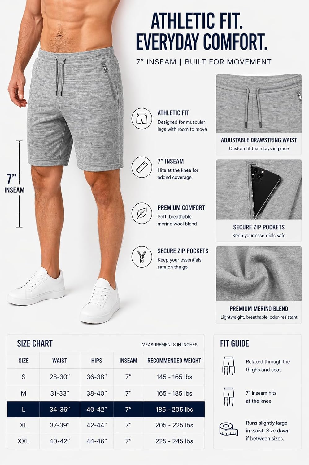 Men's 100% Merino Wool Training Shorts | 7" Inseam | Odor-Resistant, Breathable | Athletic Shorts