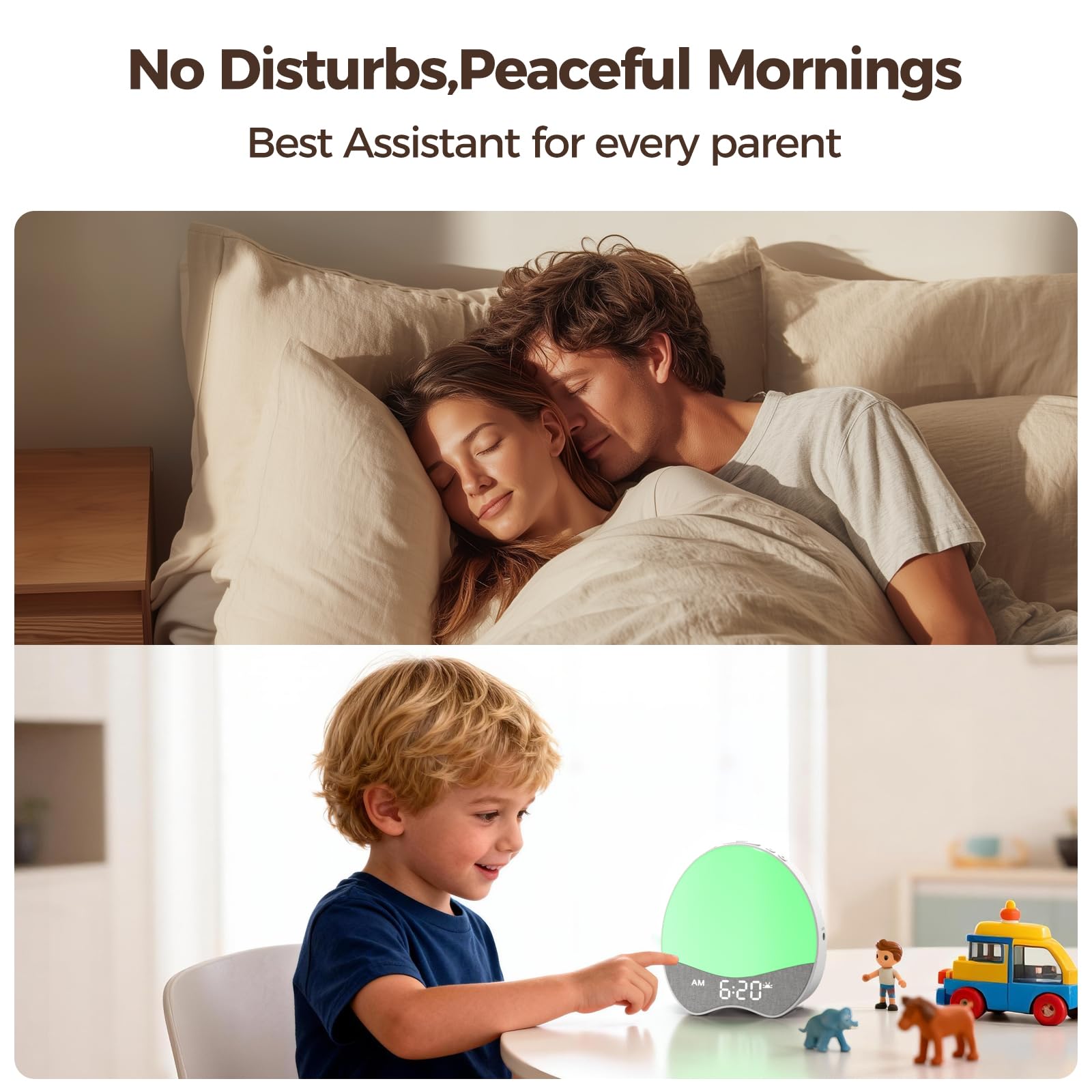 Welgo Ok to Wake - Reloj despertador para niños, entrenador de sueño con luz nocturna, máquina de sonido, pantalla de tela regulable, 21 melodías relajantes, temporizador de despertador, bloqueo