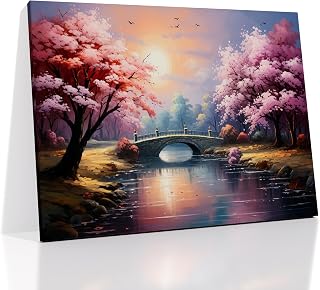 Landscape Bridge Canvas Wall Art Home Decor Pink Trees and Full Moon Poster Print Nature Scenery Picture Painting Romantic Artwork for Modern Home Bedroom Hotel Office Ready to Hang [24" W x 18" H]