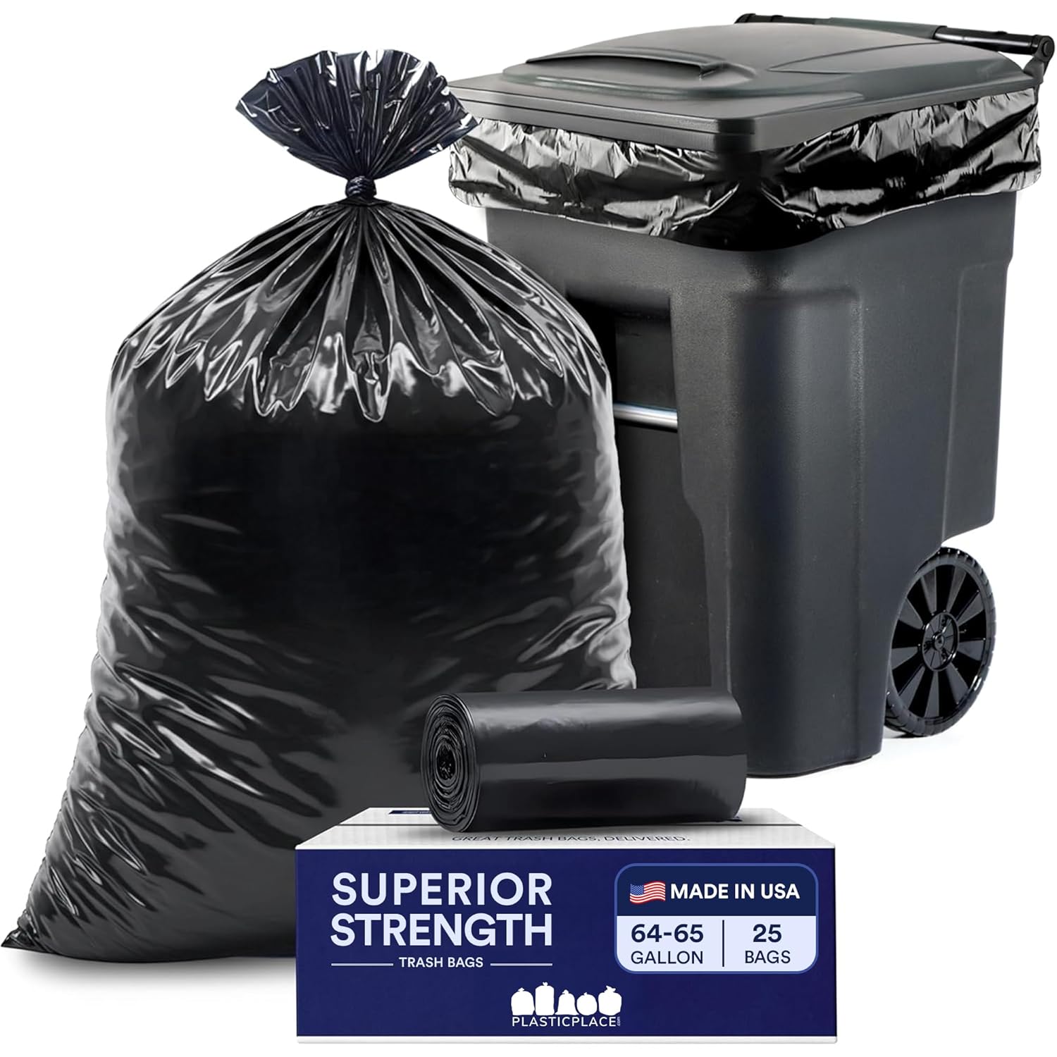 Plasticplace 64-65 Gallon Black Trash Bags Heavy Duty Toter Can Liners Tear Leak-Proof Industrial Strength 25 Count Large