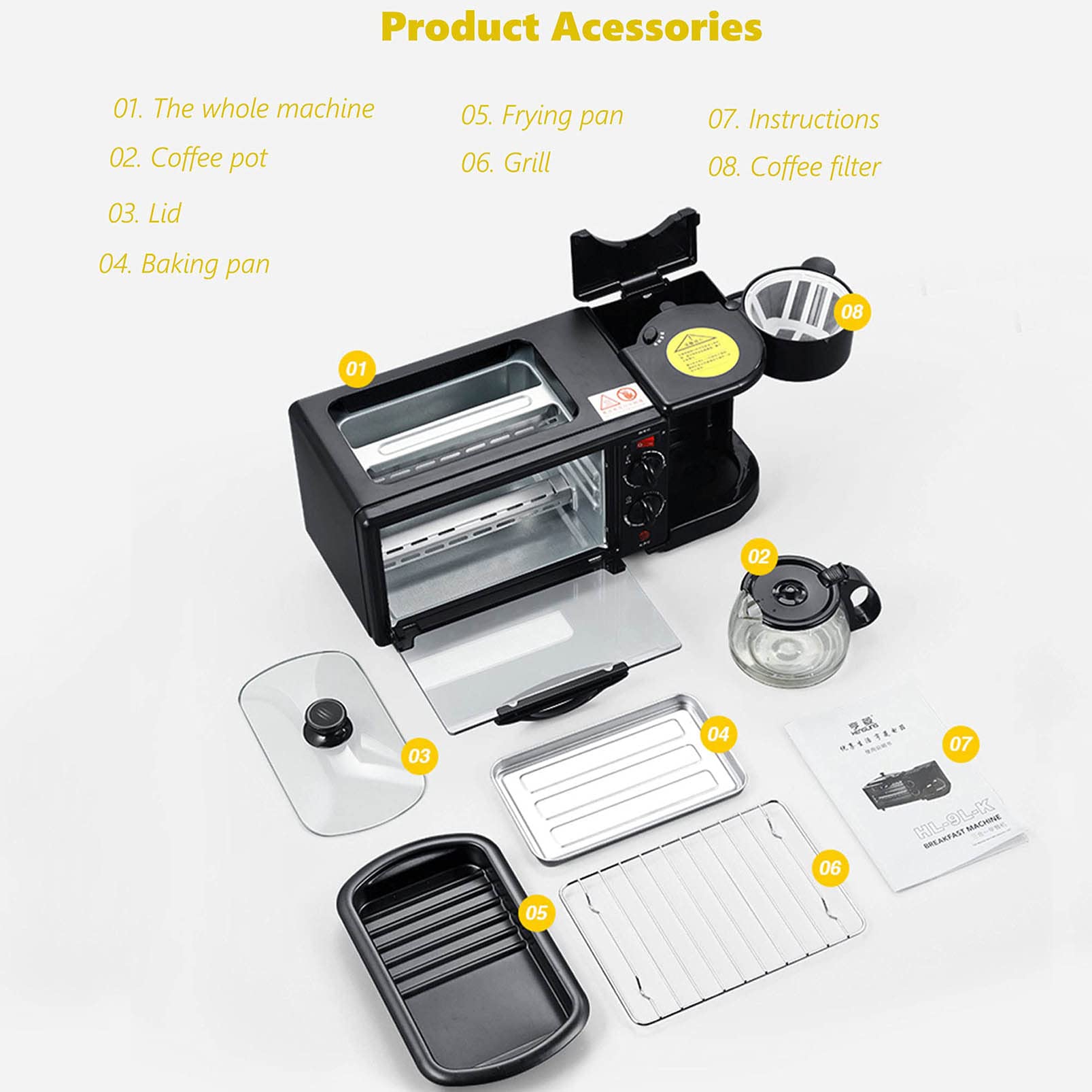 Pequeña máquina de Desayuno 4 en 1 Tamaño Familiar Estación de Desayuno eléctrica Máquina de sándwich Multifuncional Máquina de Desayuno Sartén Mini Horno Cafetera for Oficina en casa
