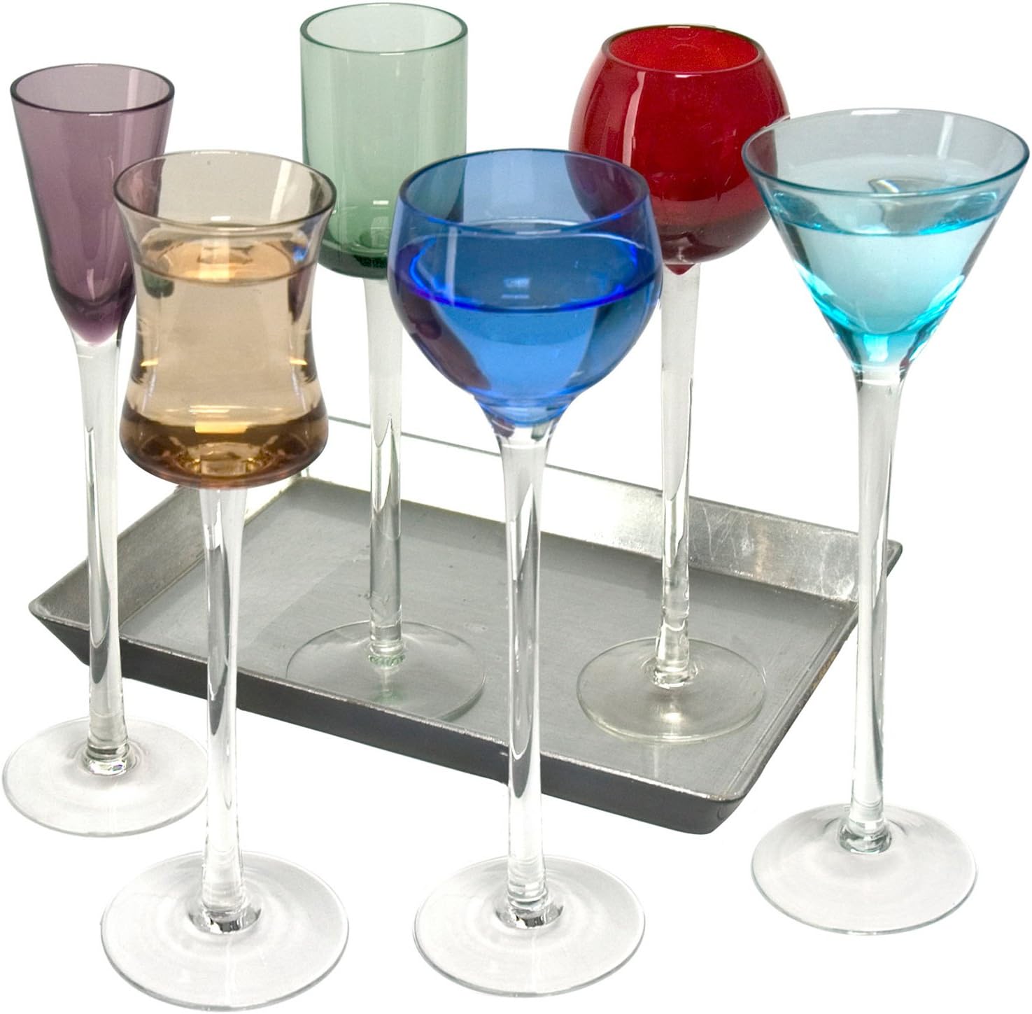 ARTLAND - Long Stem Liqueur Glasses Set - 7 Piece Set of Mult- Coloured Drinking Glasses for Wine, Cocktail, Champagne - Gift Boxed Set