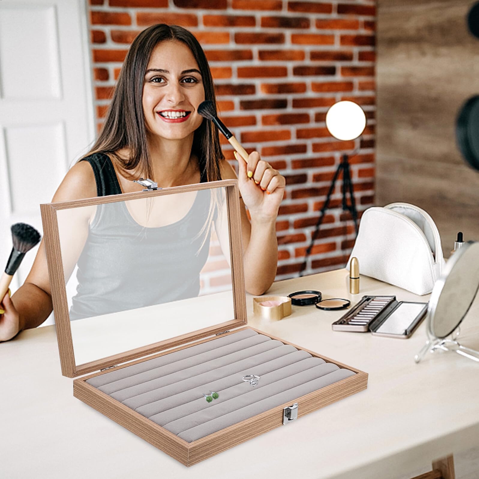 Levemolo Przenośne Drewniane Pudełko Biżuterię z Przezroczystą Pokrywą Organizer Pierścionki i Naszyjniki Duża Pojemność Do Przechowywania Biżuterii Toaletce i Sypialni