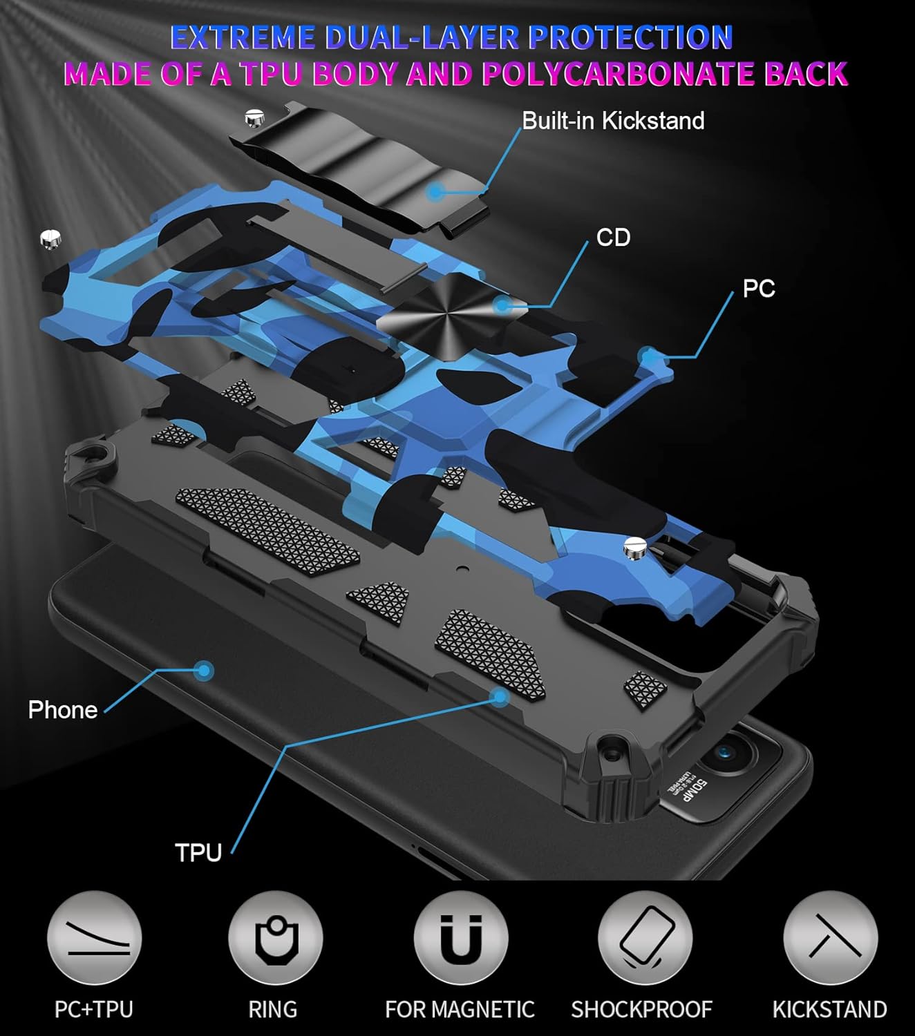 Military Grade Shockproof Phone Case for Moto G Stylus 5G 2023 with Screen Protector, Camo Design, Ring Holster, and Belt Clip (Blue)