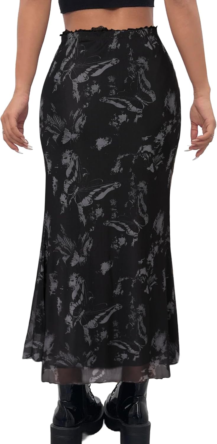 Avanova Women Boho Floral Mesh Long Skirts Elastic High Waisted Mermaid Hem 90s Grunge Maxi Skirt Black Grey XX-Large - Image 2